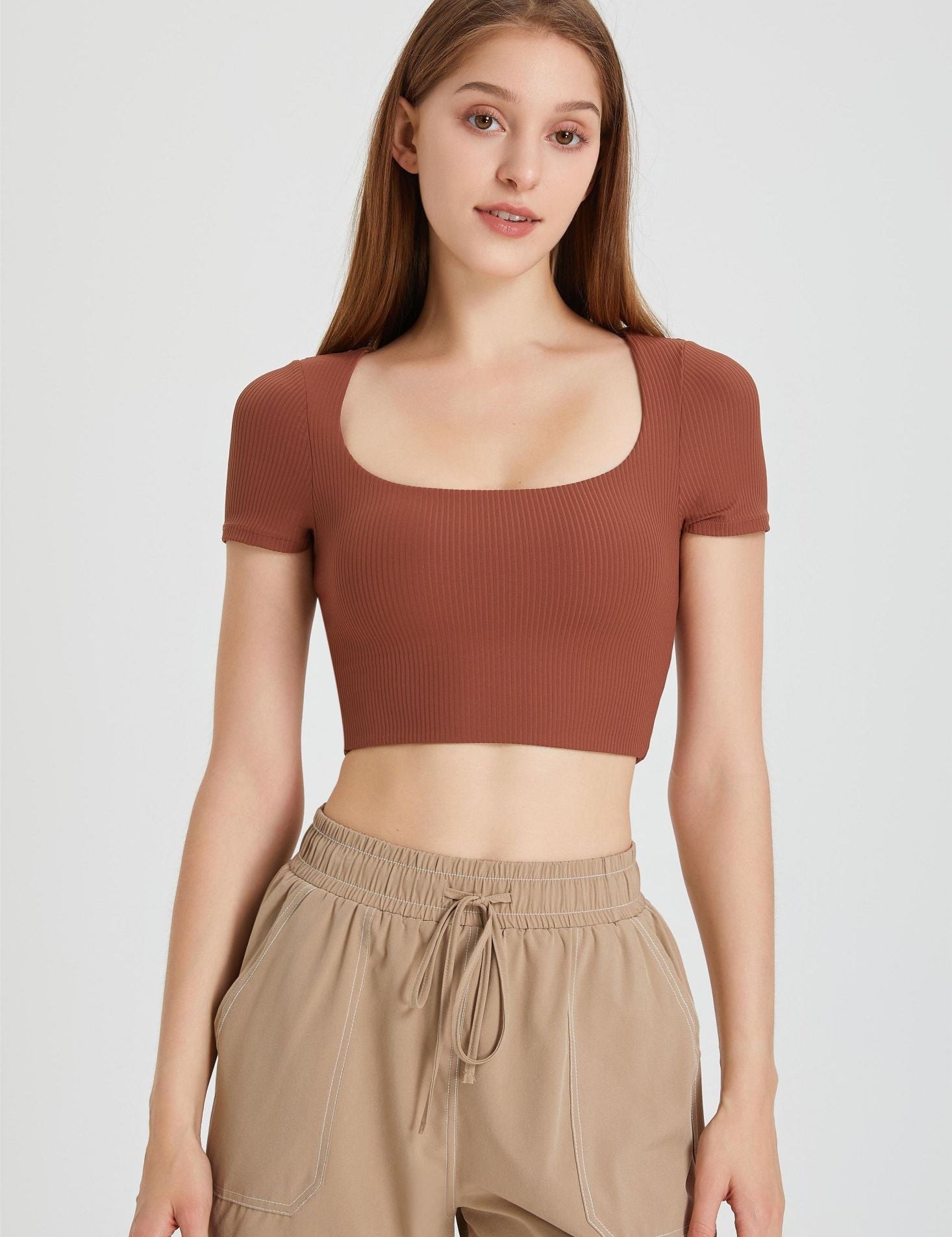 Ribbed Short Sleeve Top with Built-In Bra by bornfocus