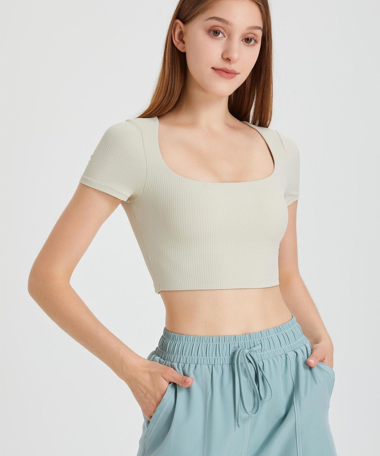 Ribbed Short Sleeve Top with Built-In Bra by bornfocus