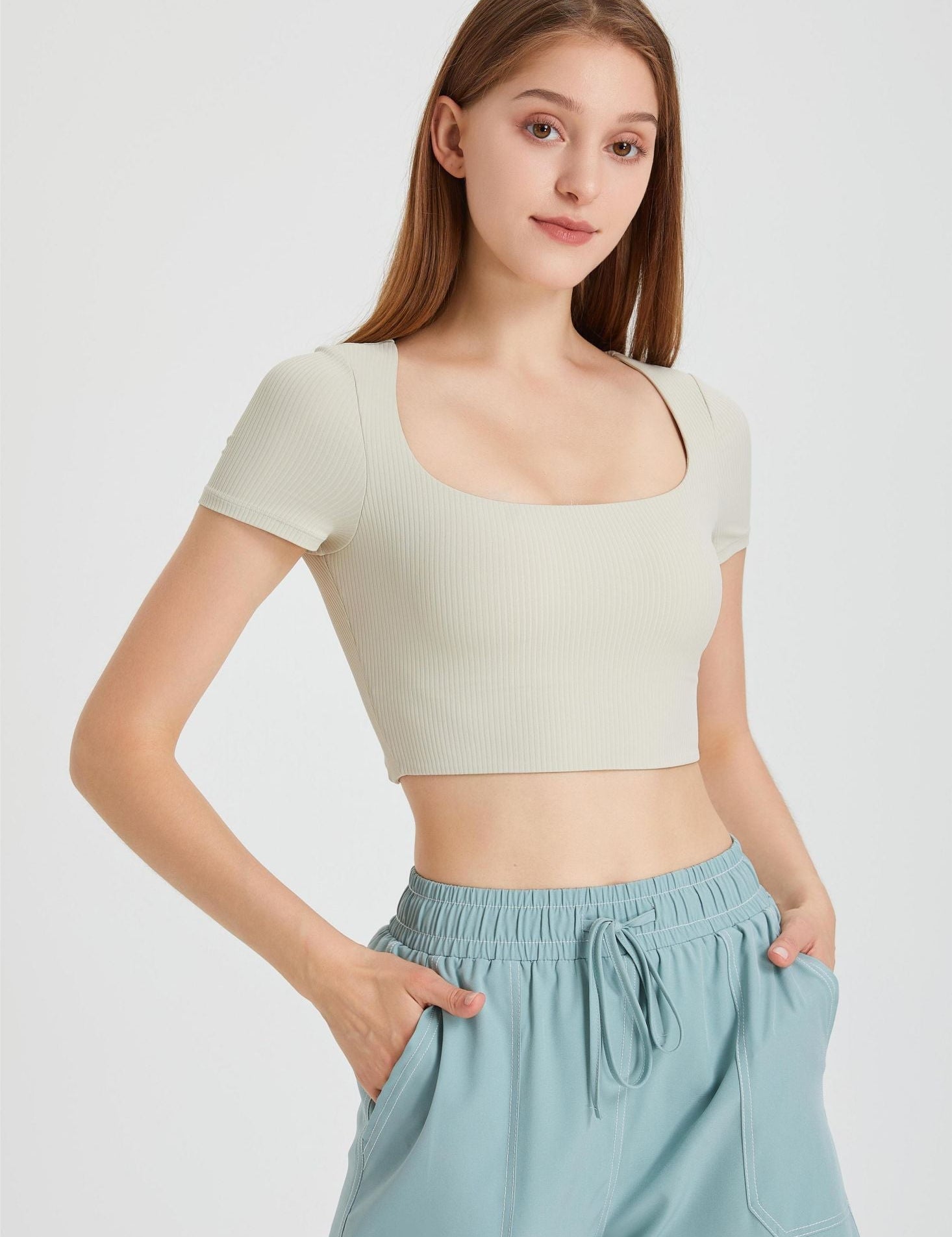 Ribbed Short Sleeve Top with Built-In Bra by bornfocus