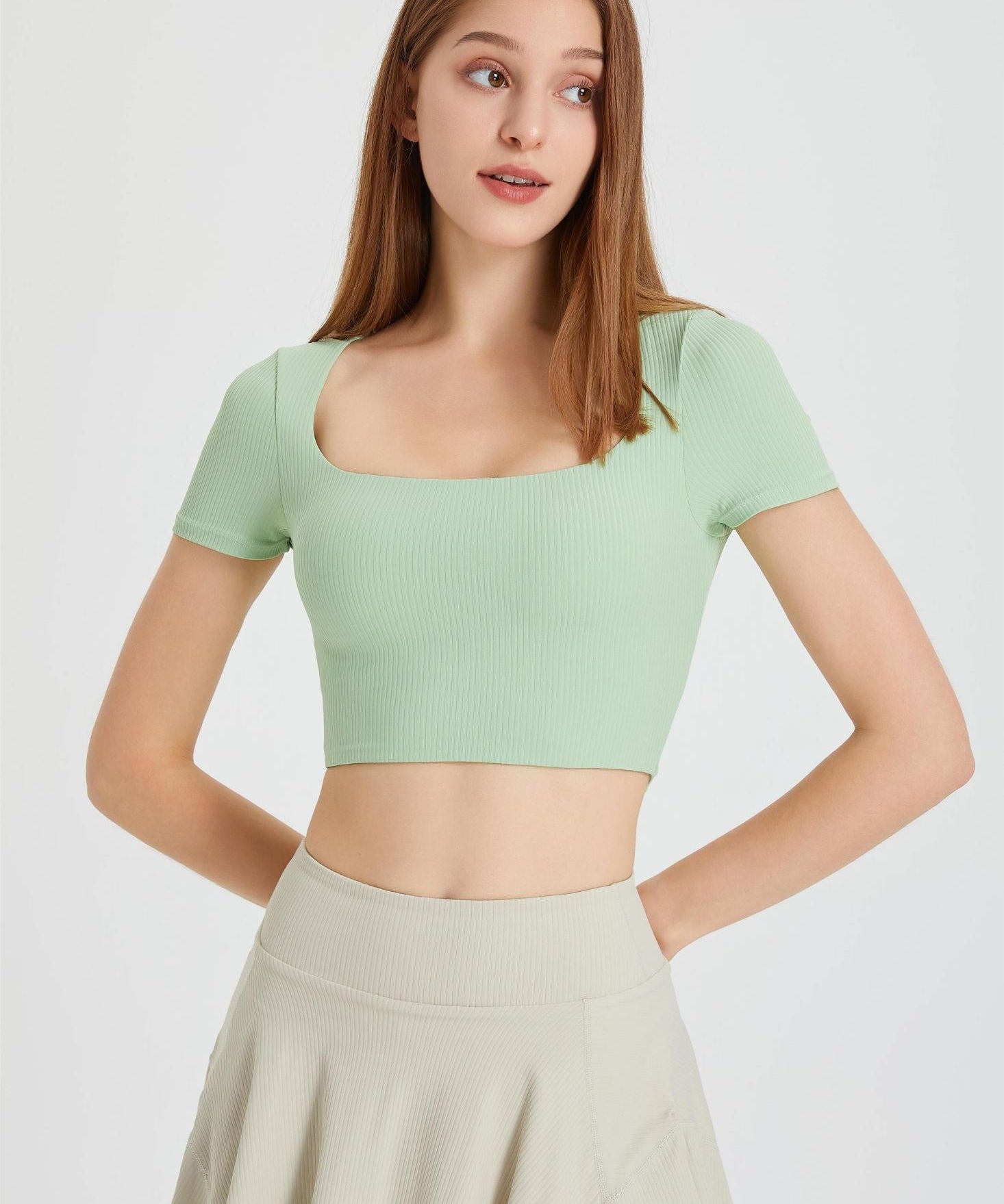 Ribbed Short Sleeve Top with Built-In Bra by bornfocus