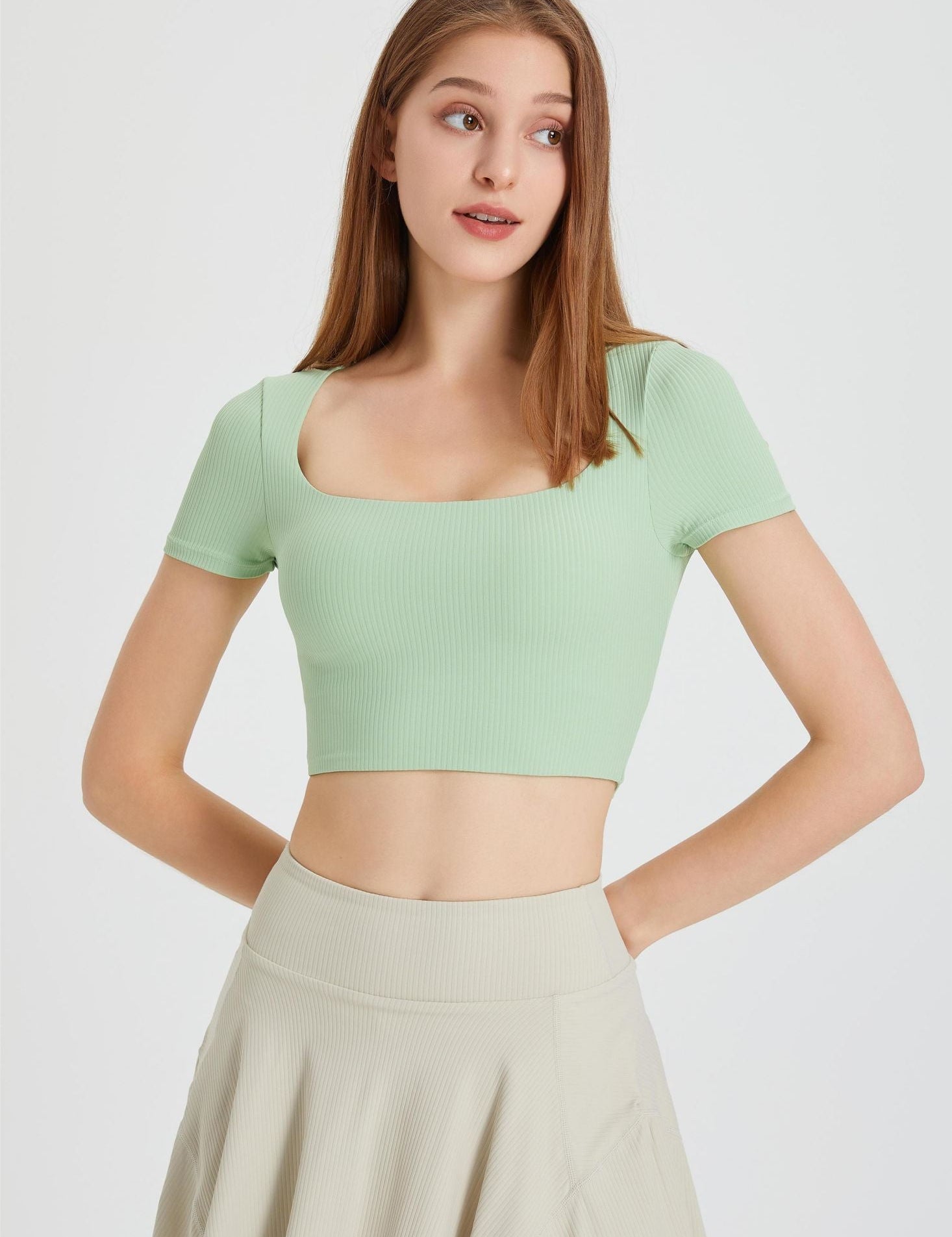 Ribbed Short Sleeve Top with Built-In Bra by bornfocus