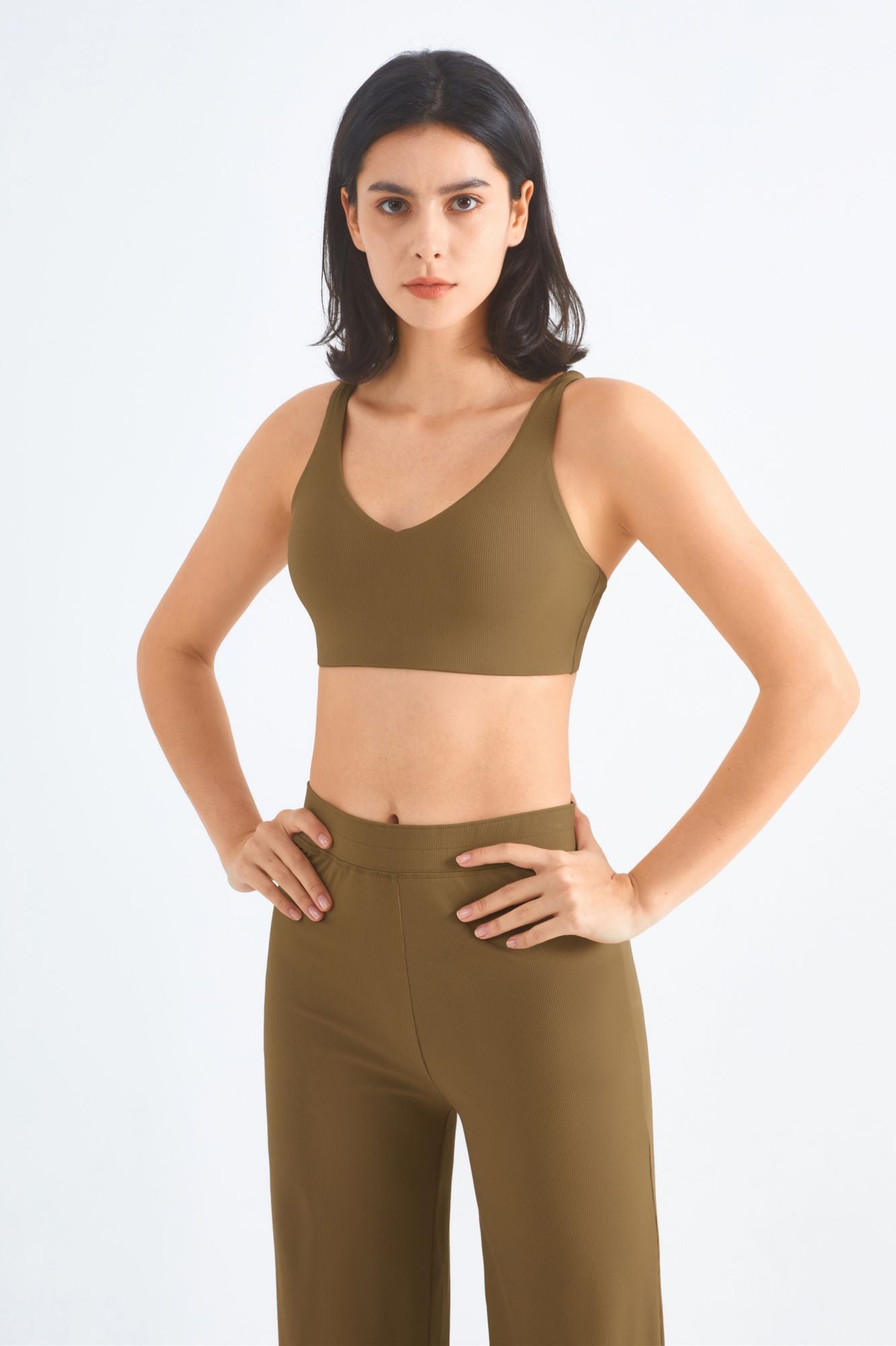 Ribbed Y-Back Sports Bra & Wide-Leg Yoga Pants Set by bornfocus