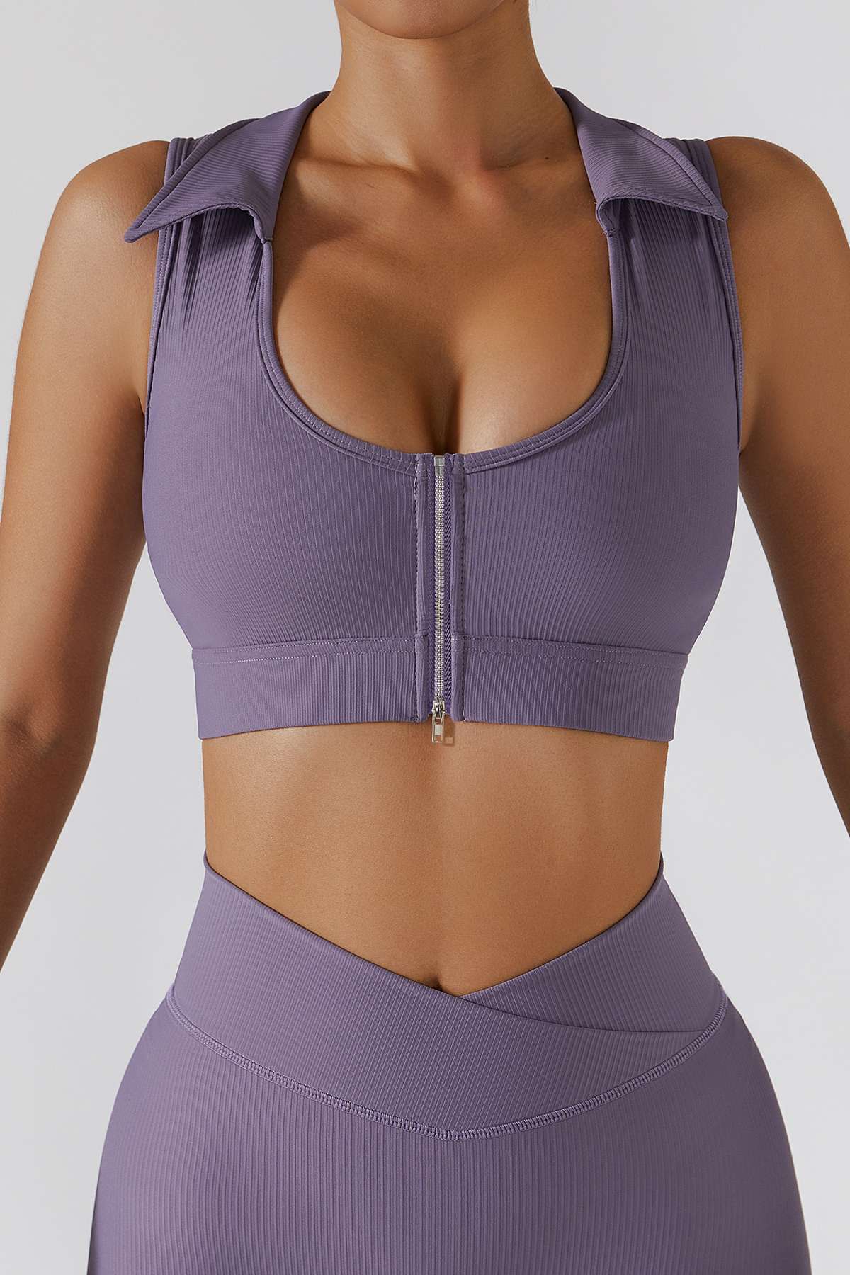 Ribbed Zip Front Plunge Neckline Sports Bra by bornfocus