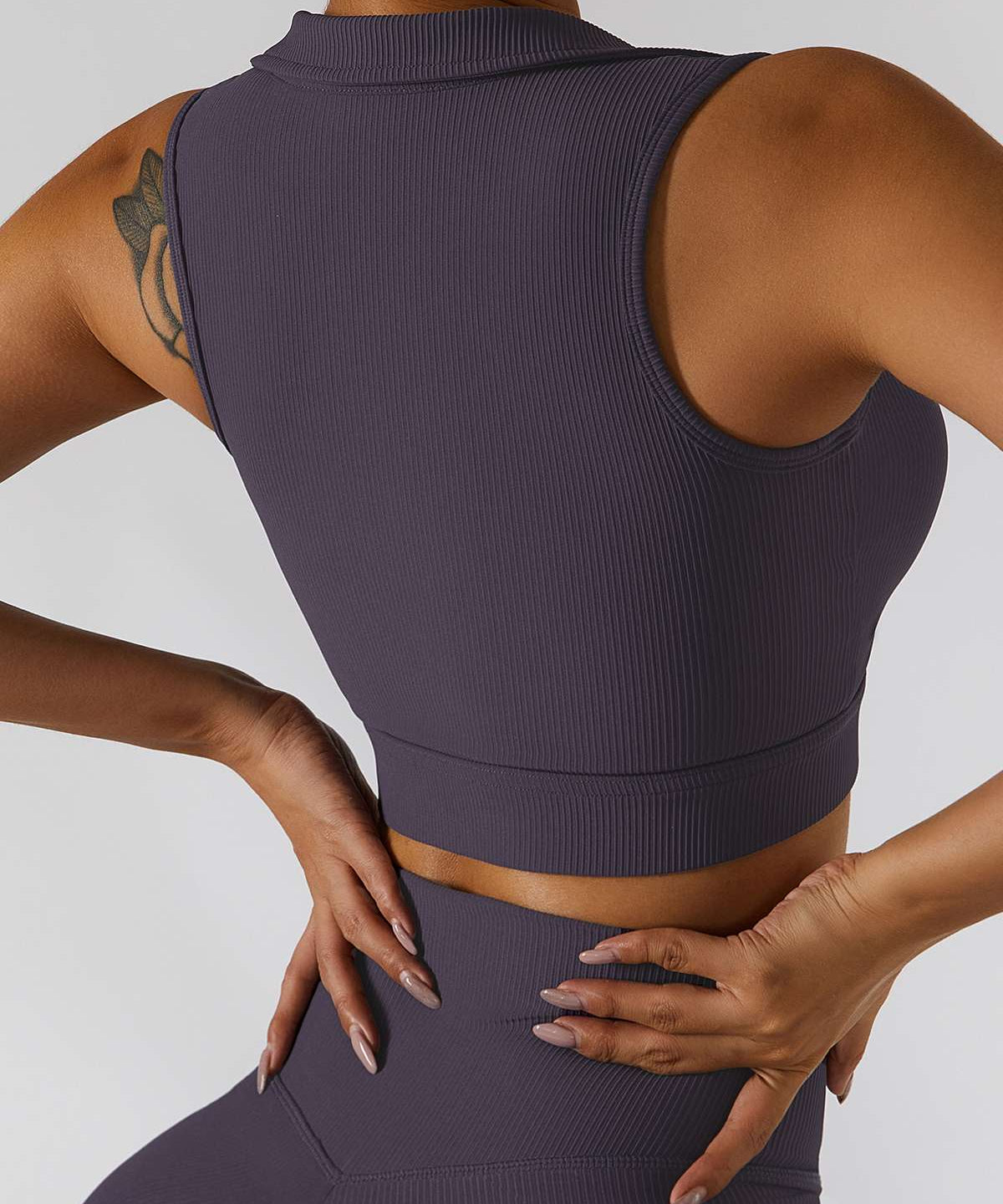 Ribbed Zip Front Plunge Neckline Sports Bra by bornfocus