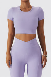 Seamless Backless Crop Short Sleeve Top by bornfocus