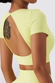 Seamless Backless Crop Short Sleeve Top by bornfocus