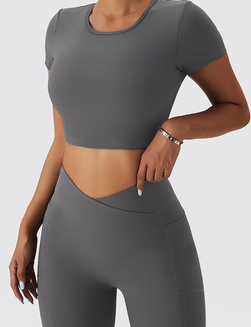 Seamless Backless Crop Short Sleeve Top by bornfocus