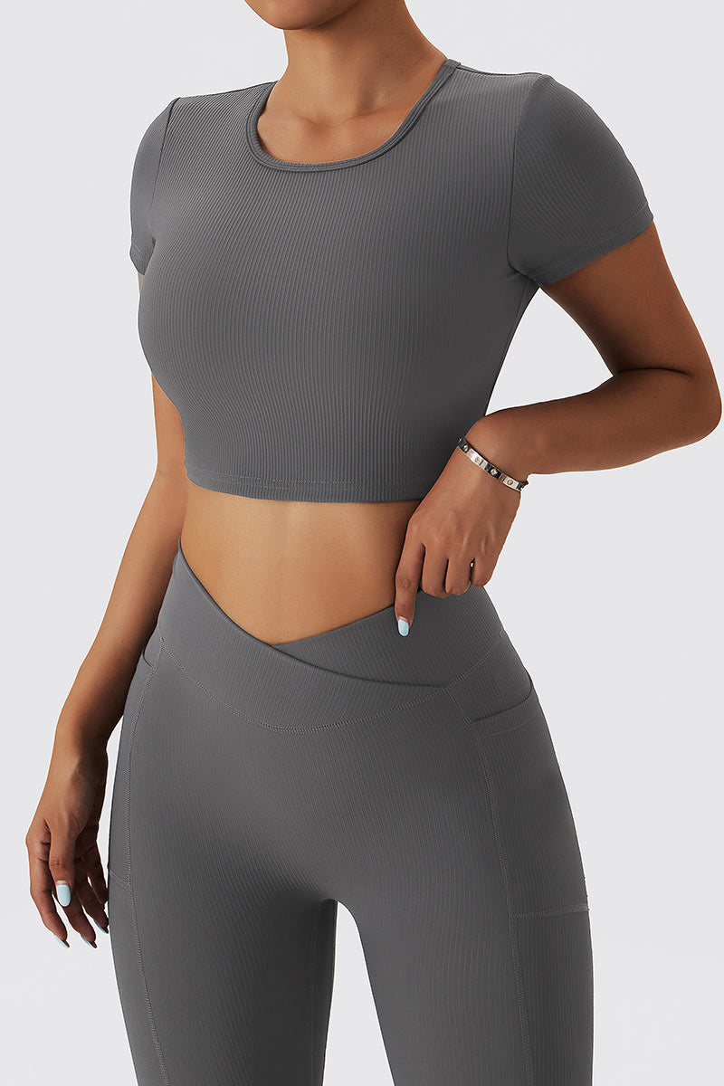 Seamless Backless Crop Short Sleeve Top by bornfocus