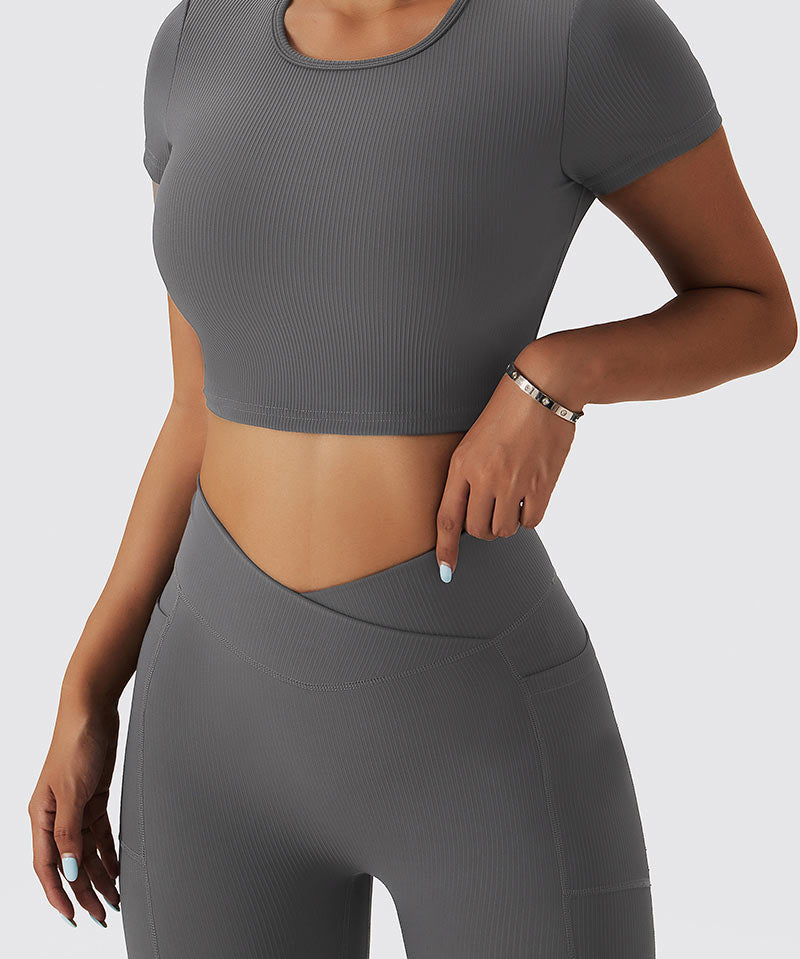 Seamless Backless Crop Short Sleeve Top by bornfocus