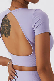 Seamless Backless Crop Short Sleeve Top by bornfocus