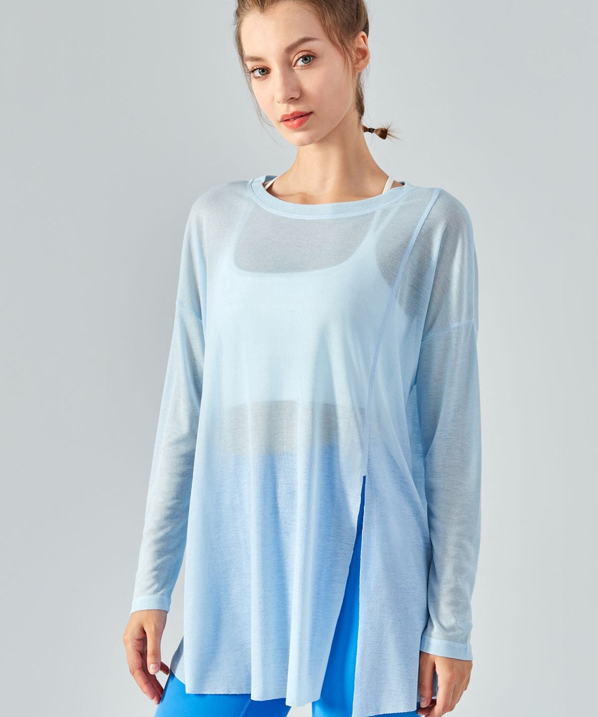 Sheer Mesh Long Sleeve Asymmetrical Hem Tops by bornfocus