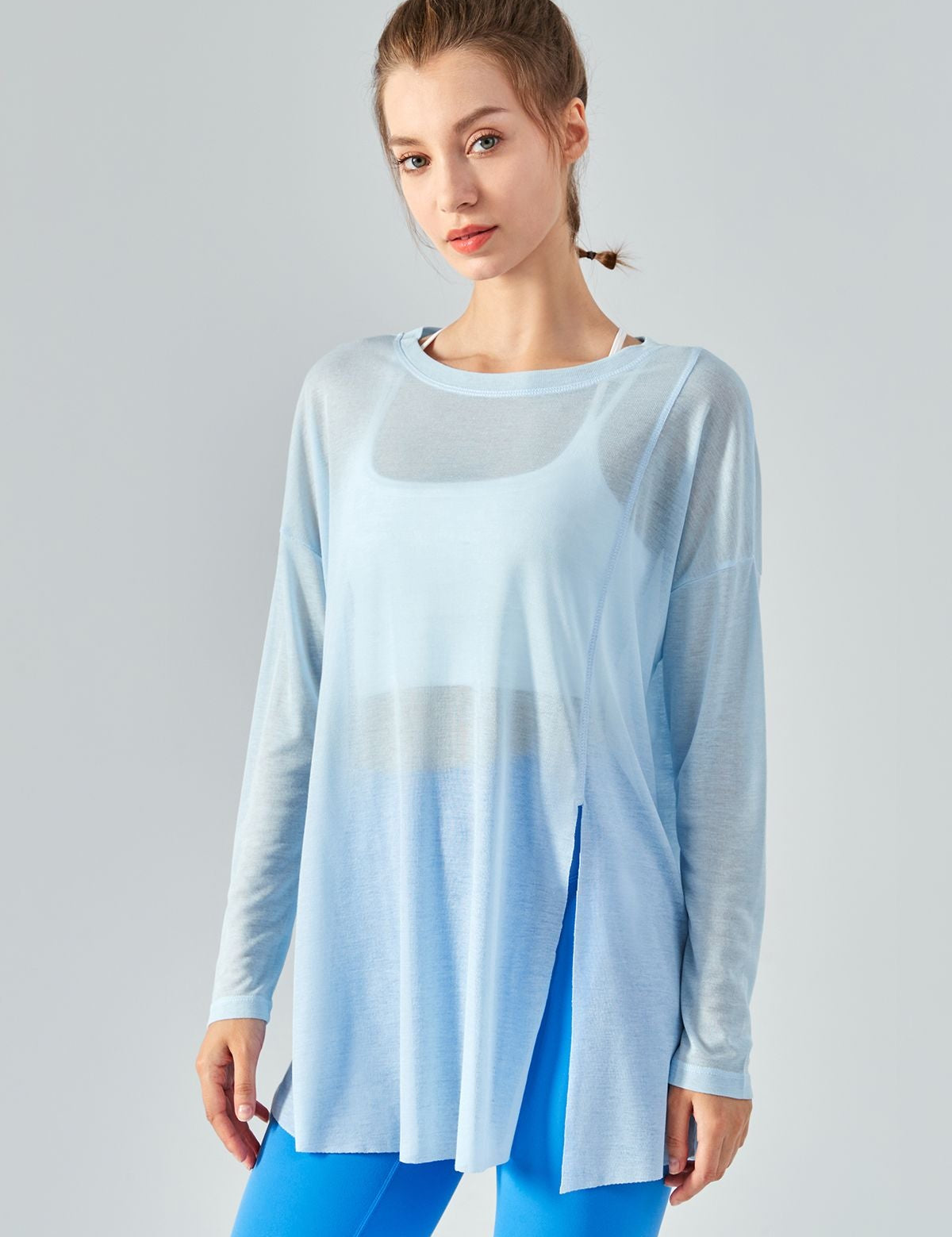 Sheer Mesh Long Sleeve Asymmetrical Hem Tops by bornfocus