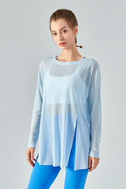 Sheer Mesh Long Sleeve Asymmetrical Hem Tops by bornfocus