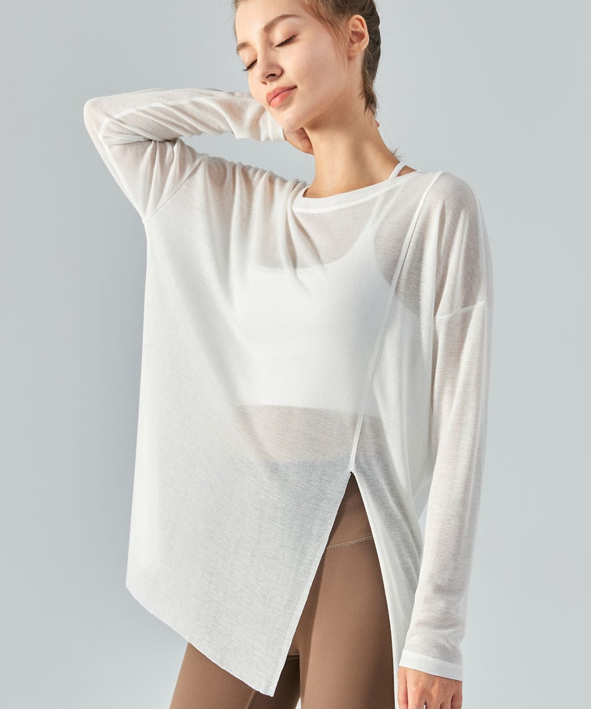 Sheer Mesh Long Sleeve Asymmetrical Hem Tops by bornfocus