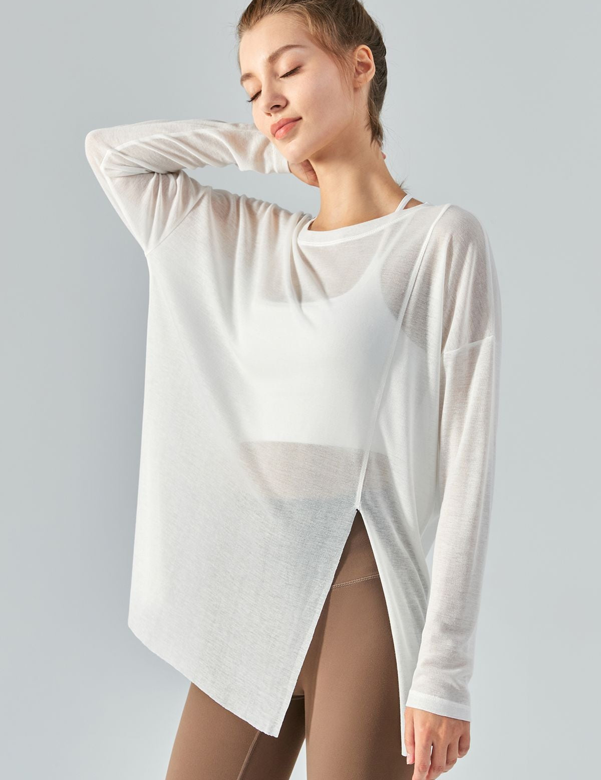 Sheer Mesh Long Sleeve Asymmetrical Hem Tops by bornfocus