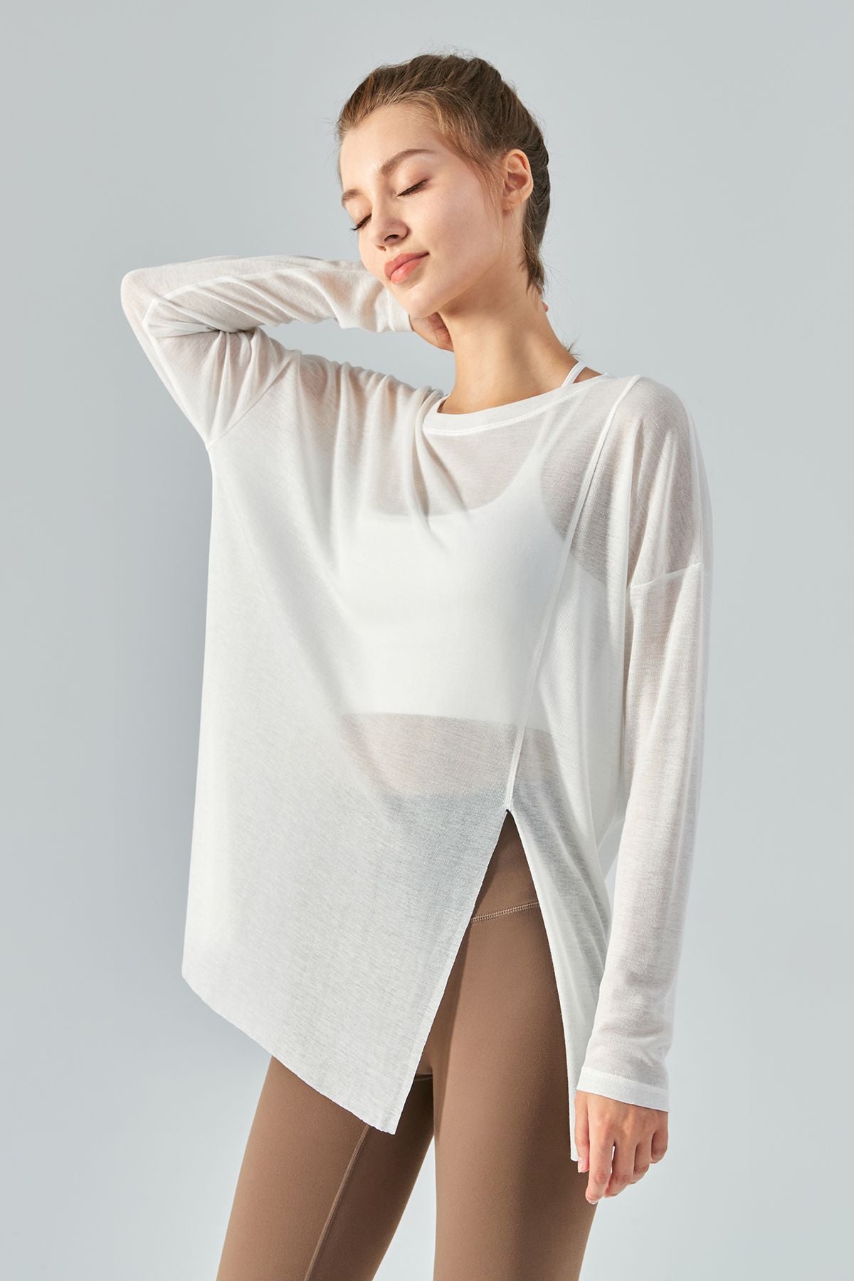 Sheer Mesh Long Sleeve Asymmetrical Hem Tops by bornfocus