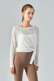 Sheer Mesh Long Sleeve Asymmetrical Hem Tops by bornfocus