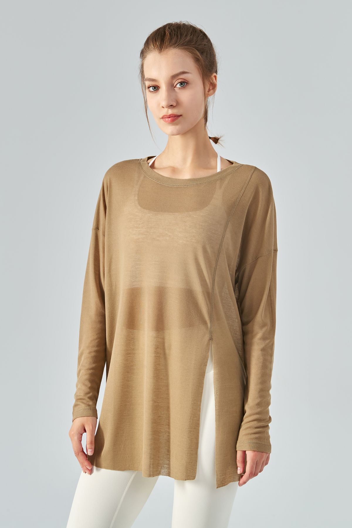 Sheer Mesh Long Sleeve Asymmetrical Hem Tops by bornfocus