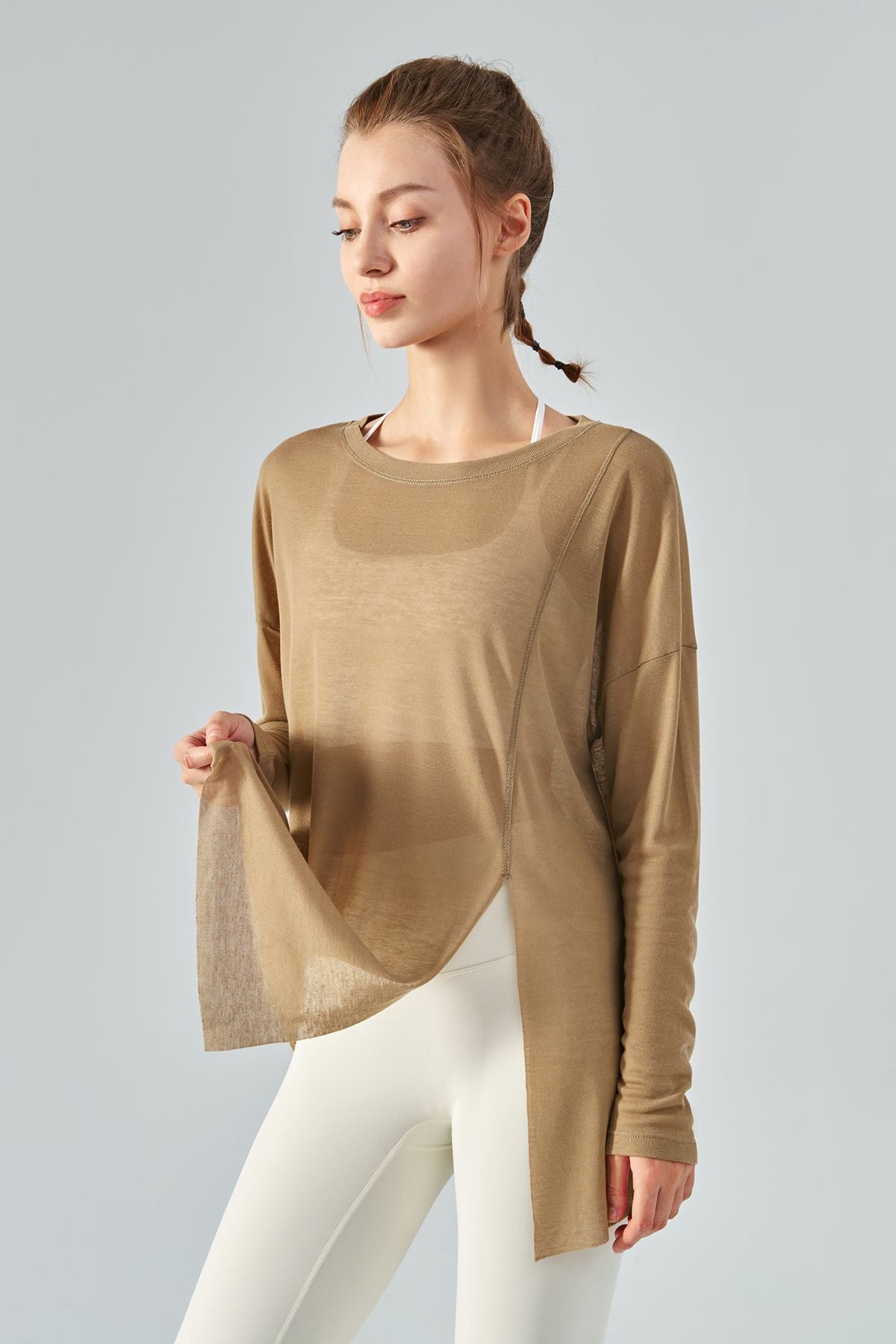 Sheer Mesh Long Sleeve Asymmetrical Hem Tops by bornfocus