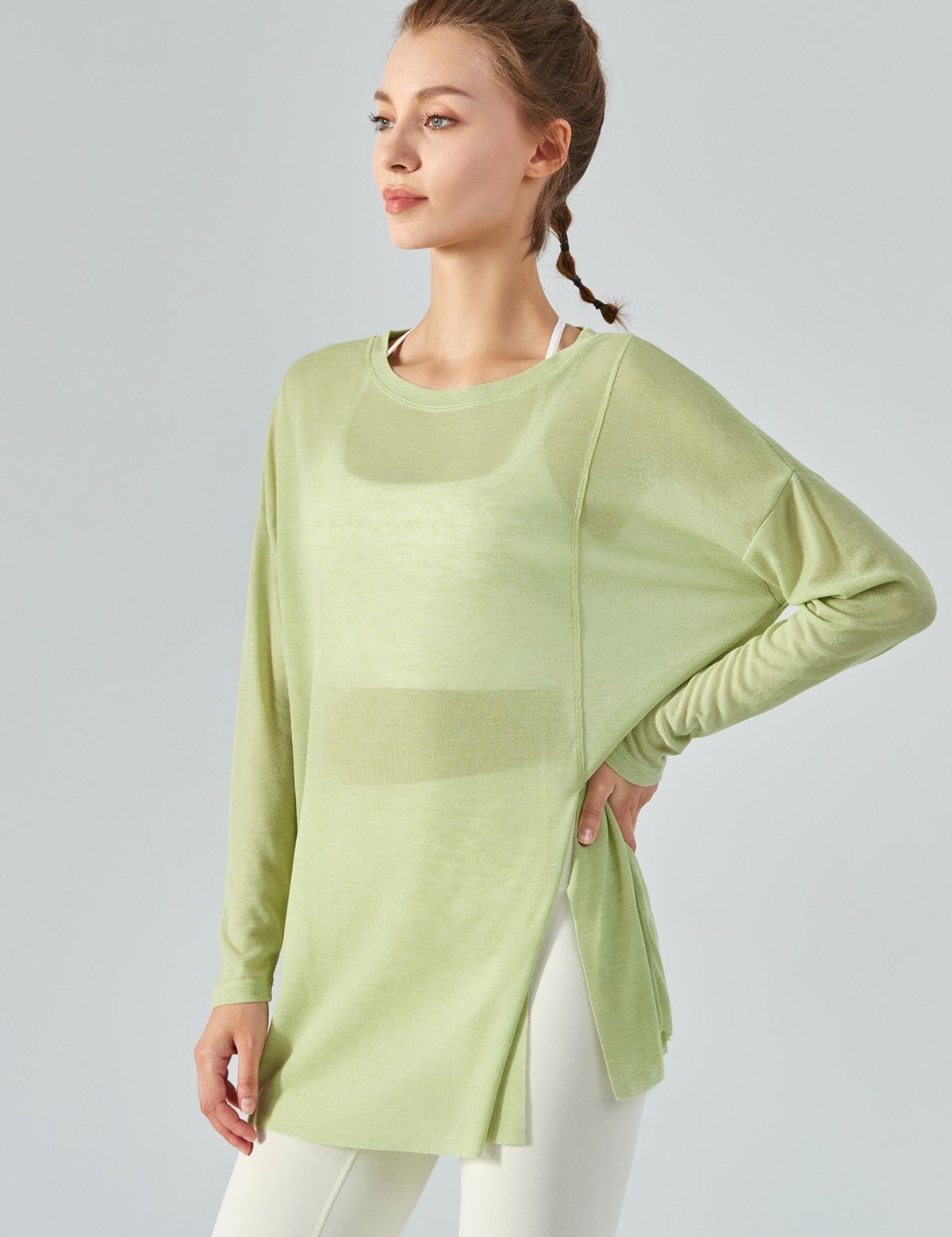 Sheer Mesh Long Sleeve Asymmetrical Hem Tops by bornfocus