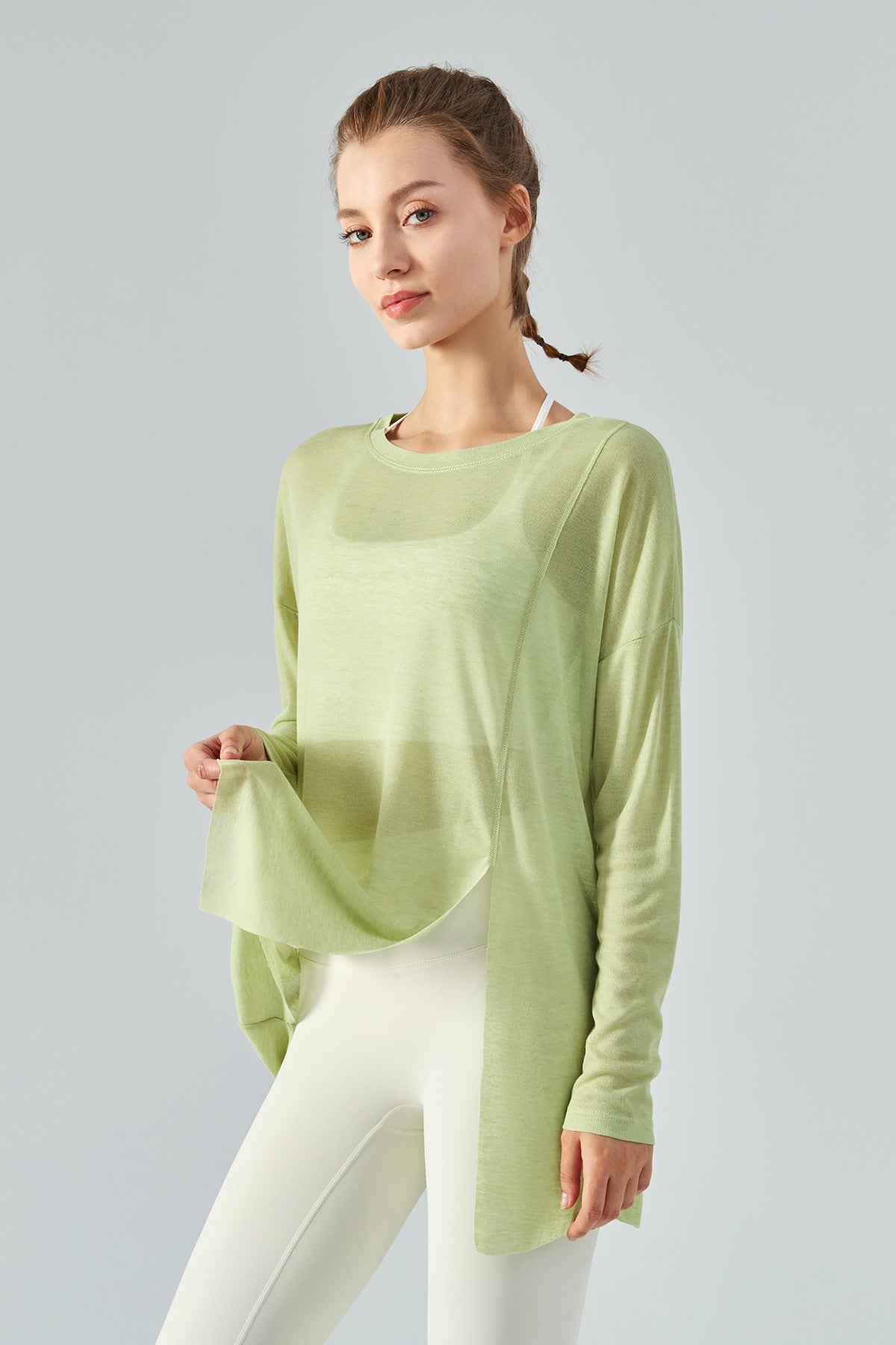 Sheer Mesh Long Sleeve Asymmetrical Hem Tops by bornfocus