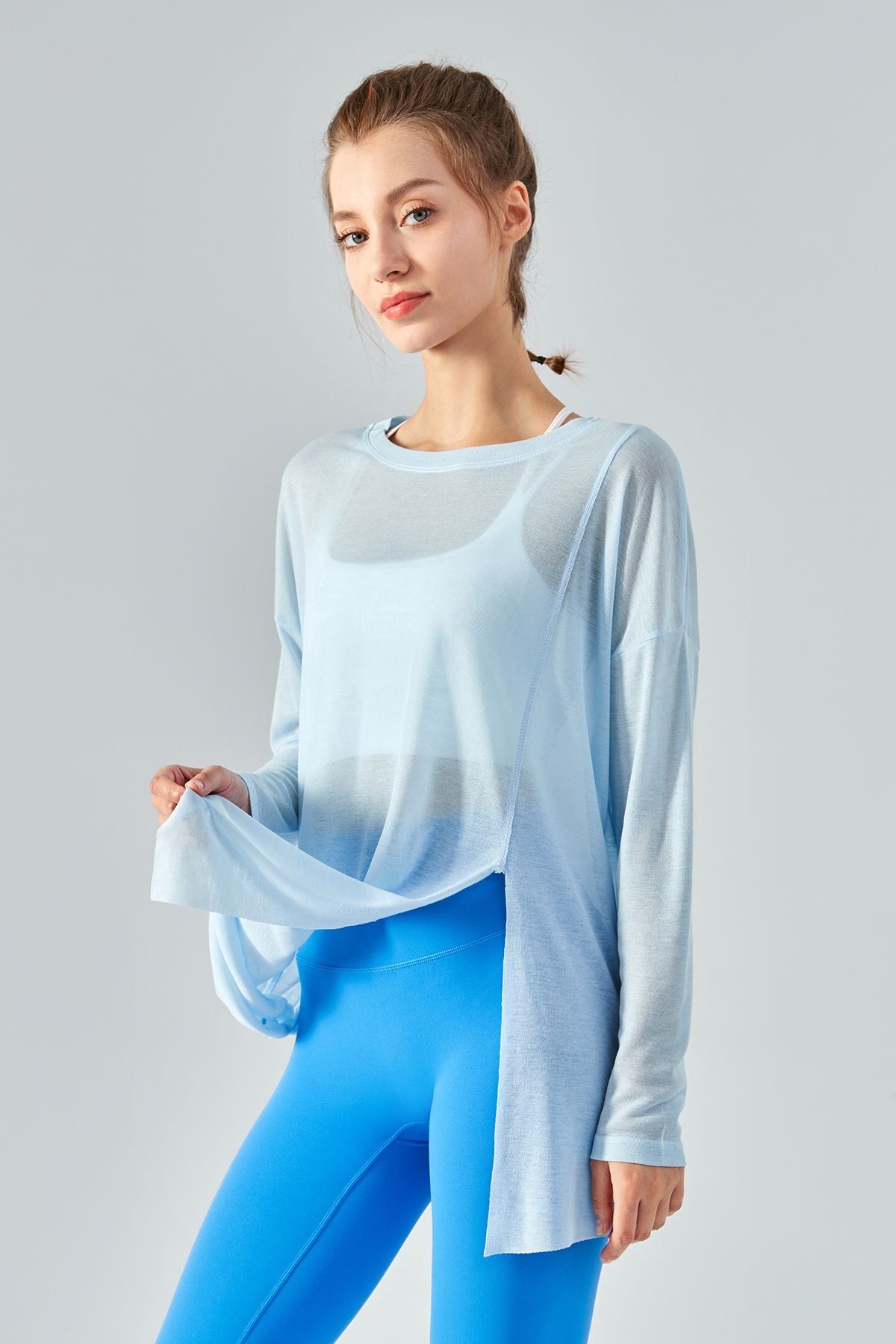 Sheer Mesh Long Sleeve Asymmetrical Hem Tops by bornfocus