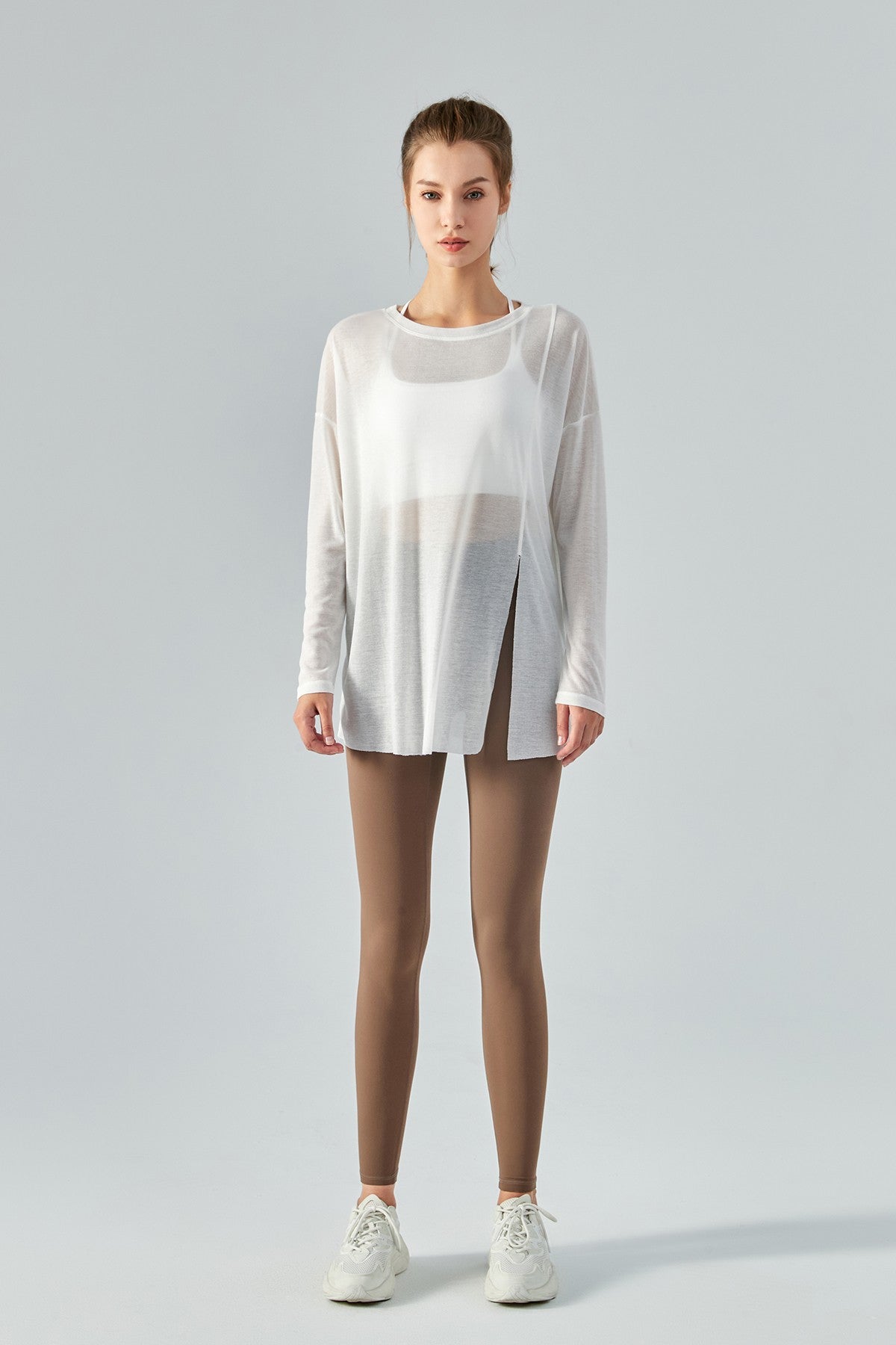 Sheer Mesh Long Sleeve Asymmetrical Hem Tops by bornfocus