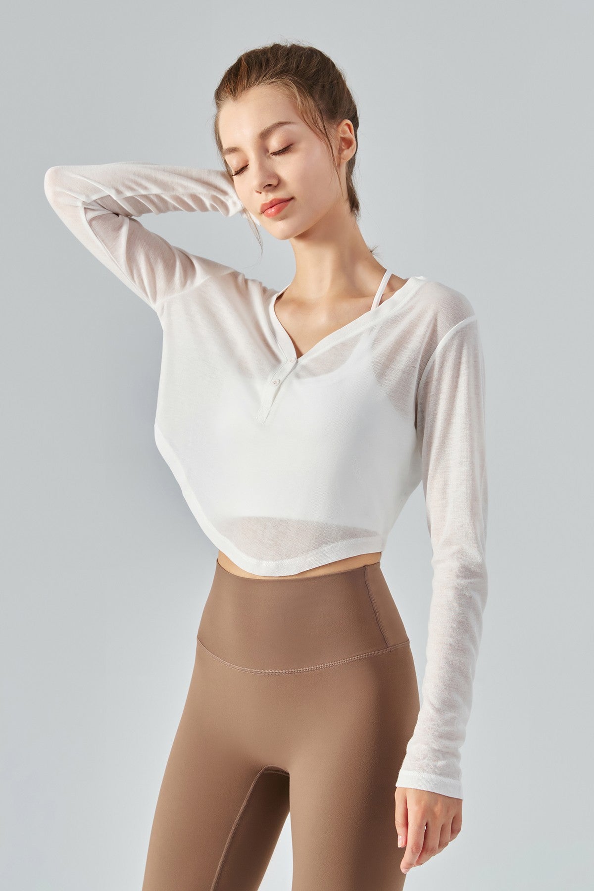 Sheer Mesh V-Neck Half Zipper Crop Tops by bornfocus