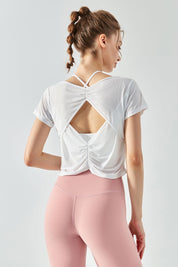 Back Cut-Out Short Sleeve Blouse by bornfocus