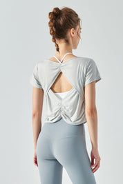 Back Cut-Out Short Sleeve Blouse by bornfocus