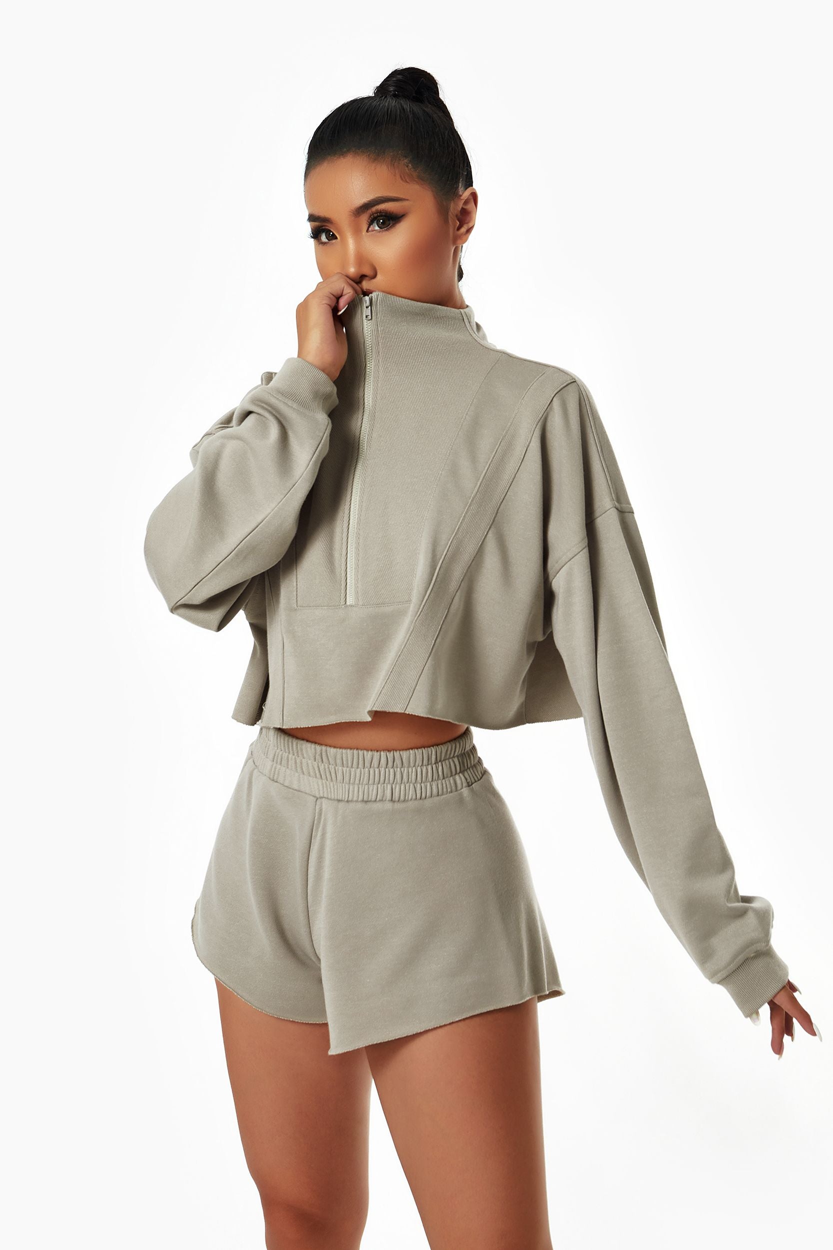 Cropped Sweatshirt & Mini Sweat Shorts Athleisure Set by bornfocus