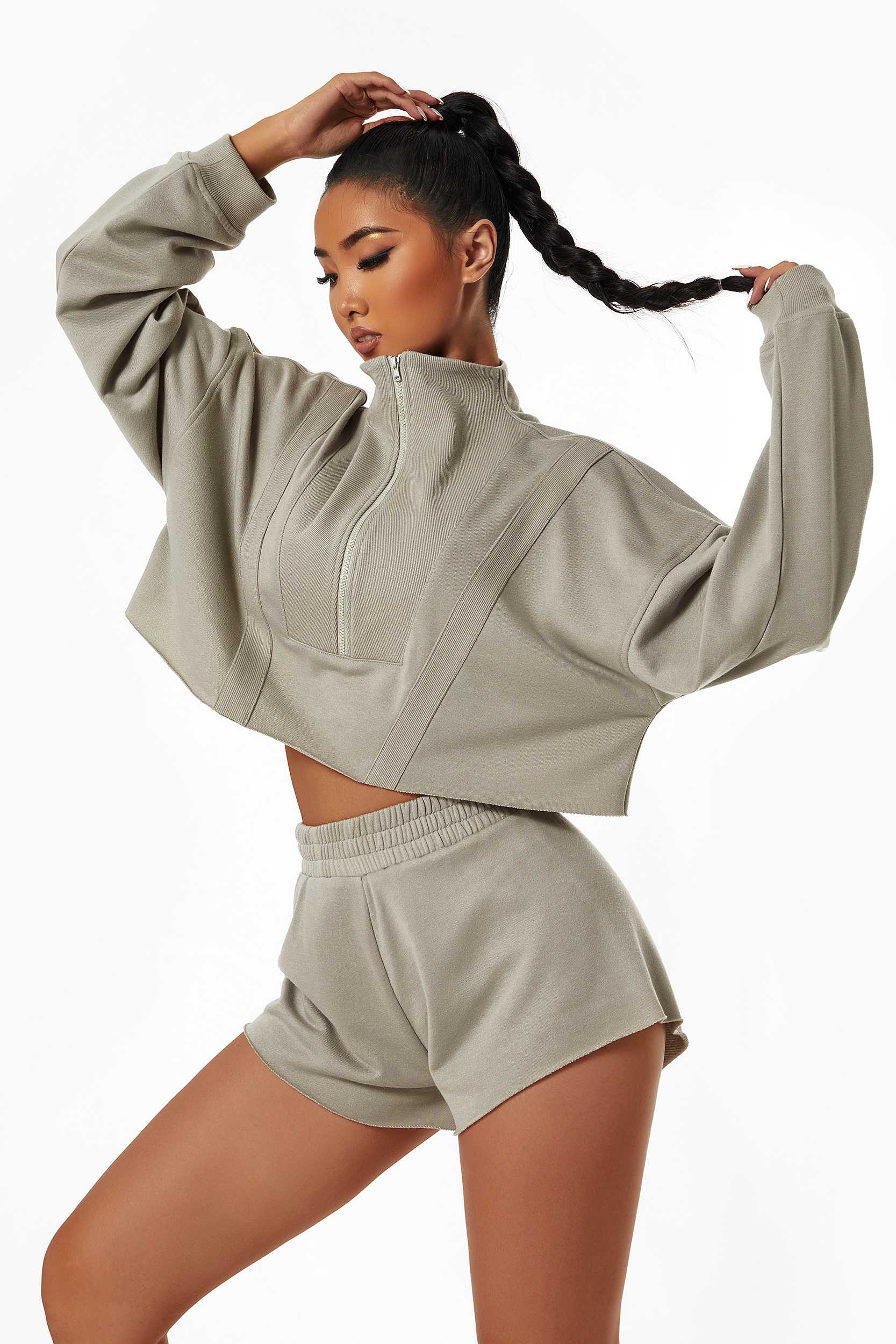 Cropped Sweatshirt & Mini Sweat Shorts Athleisure Set by bornfocus