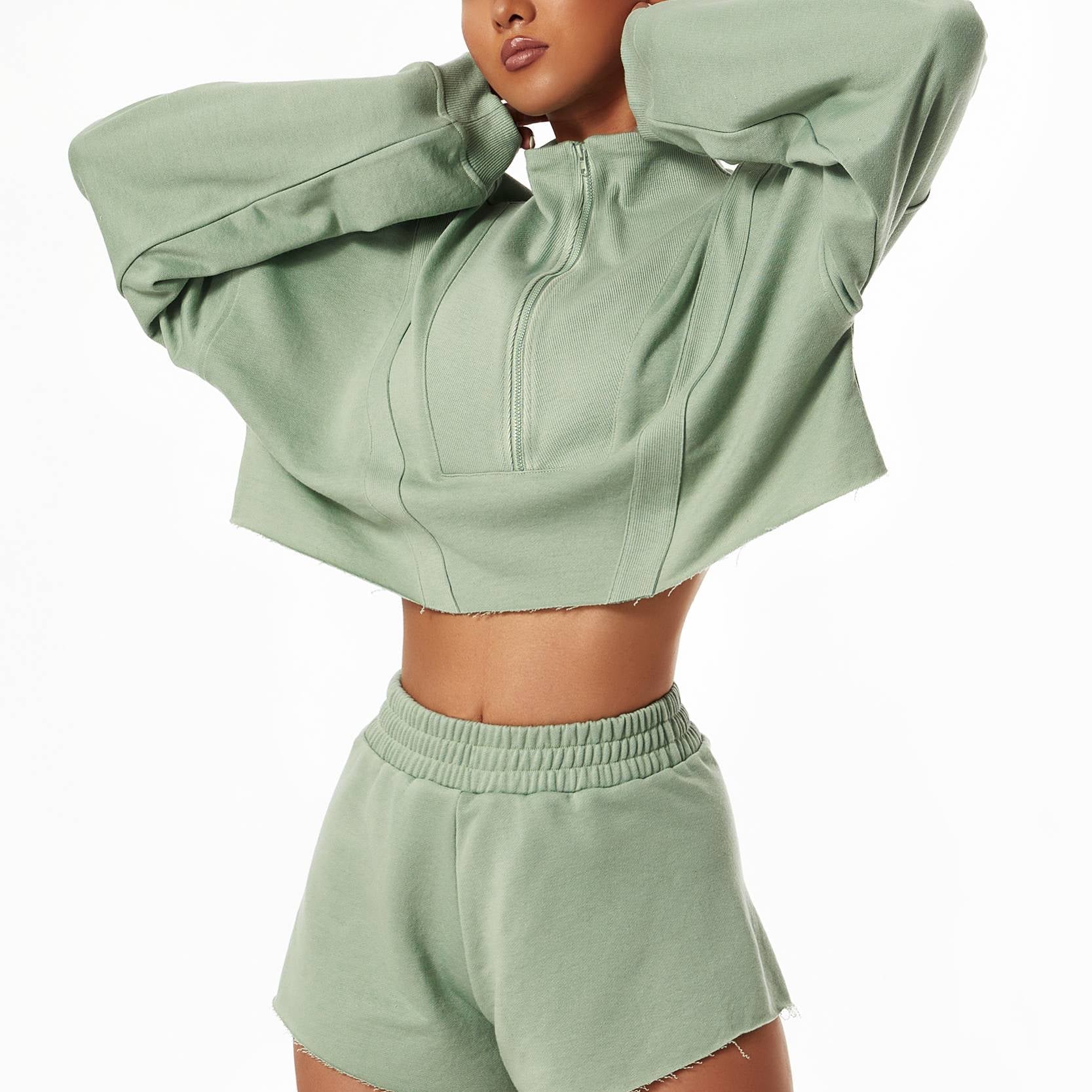 Cropped Sweatshirt & Mini Sweat Shorts Athleisure Set by bornfocus