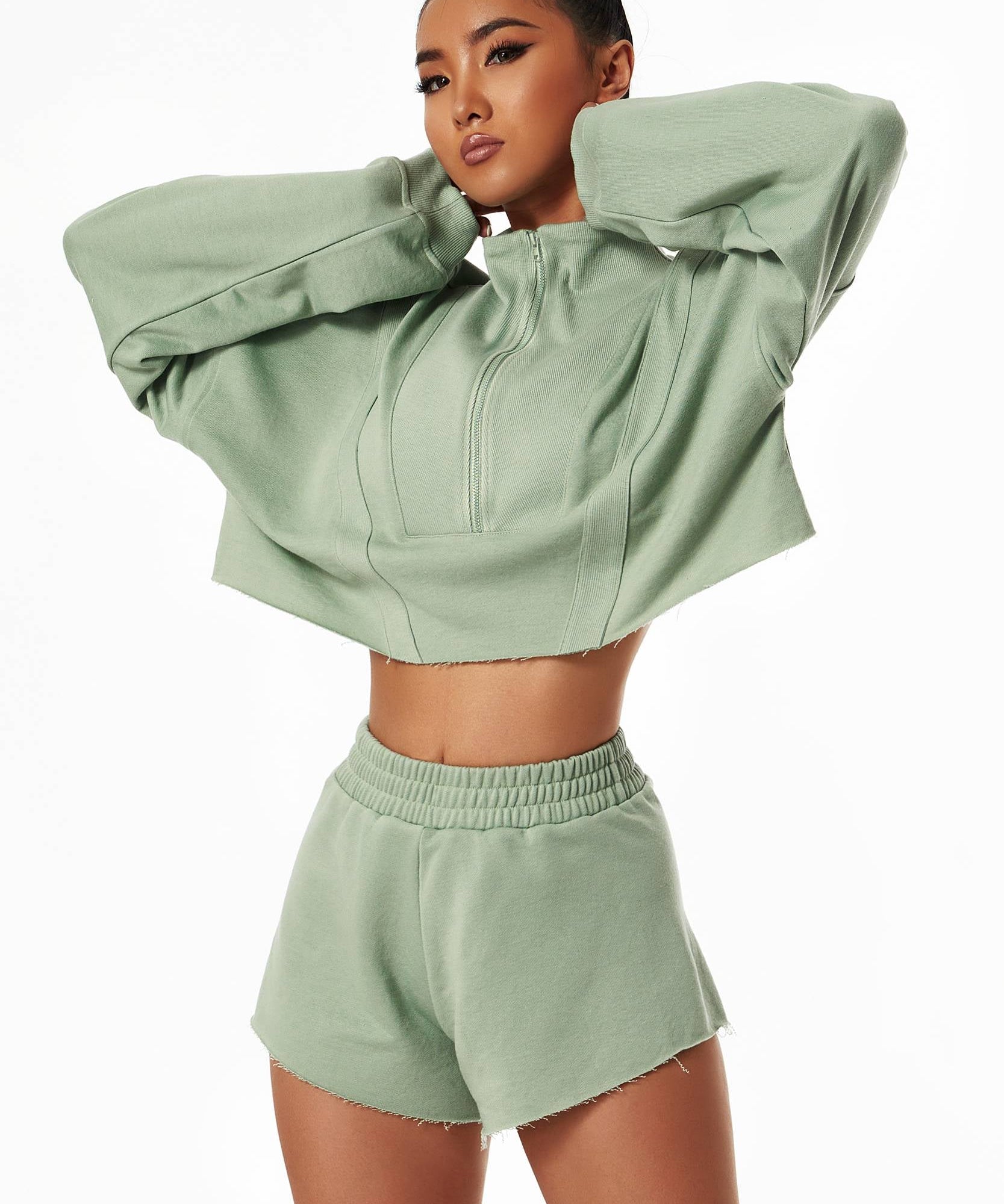 Cropped Sweatshirt & Mini Sweat Shorts Athleisure Set by bornfocus