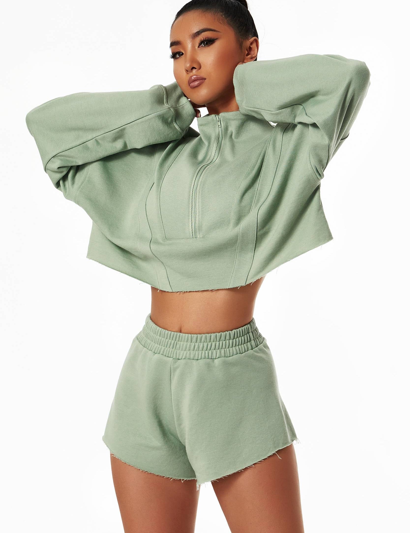 Cropped Sweatshirt & Mini Sweat Shorts Athleisure Set by bornfocus