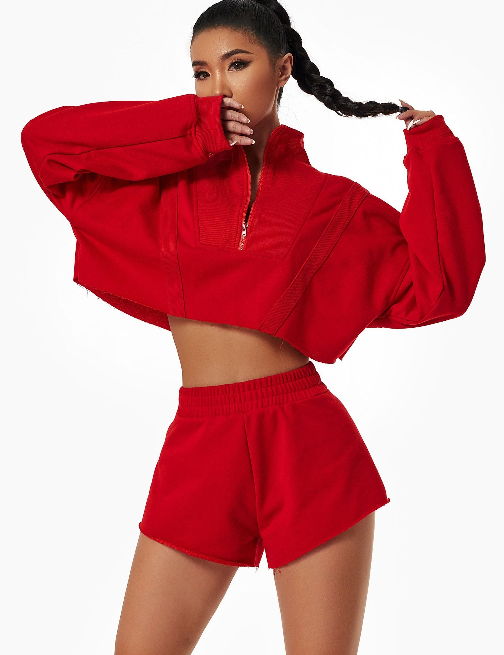 Cropped Sweatshirt & Mini Sweat Shorts Athleisure Set by bornfocus