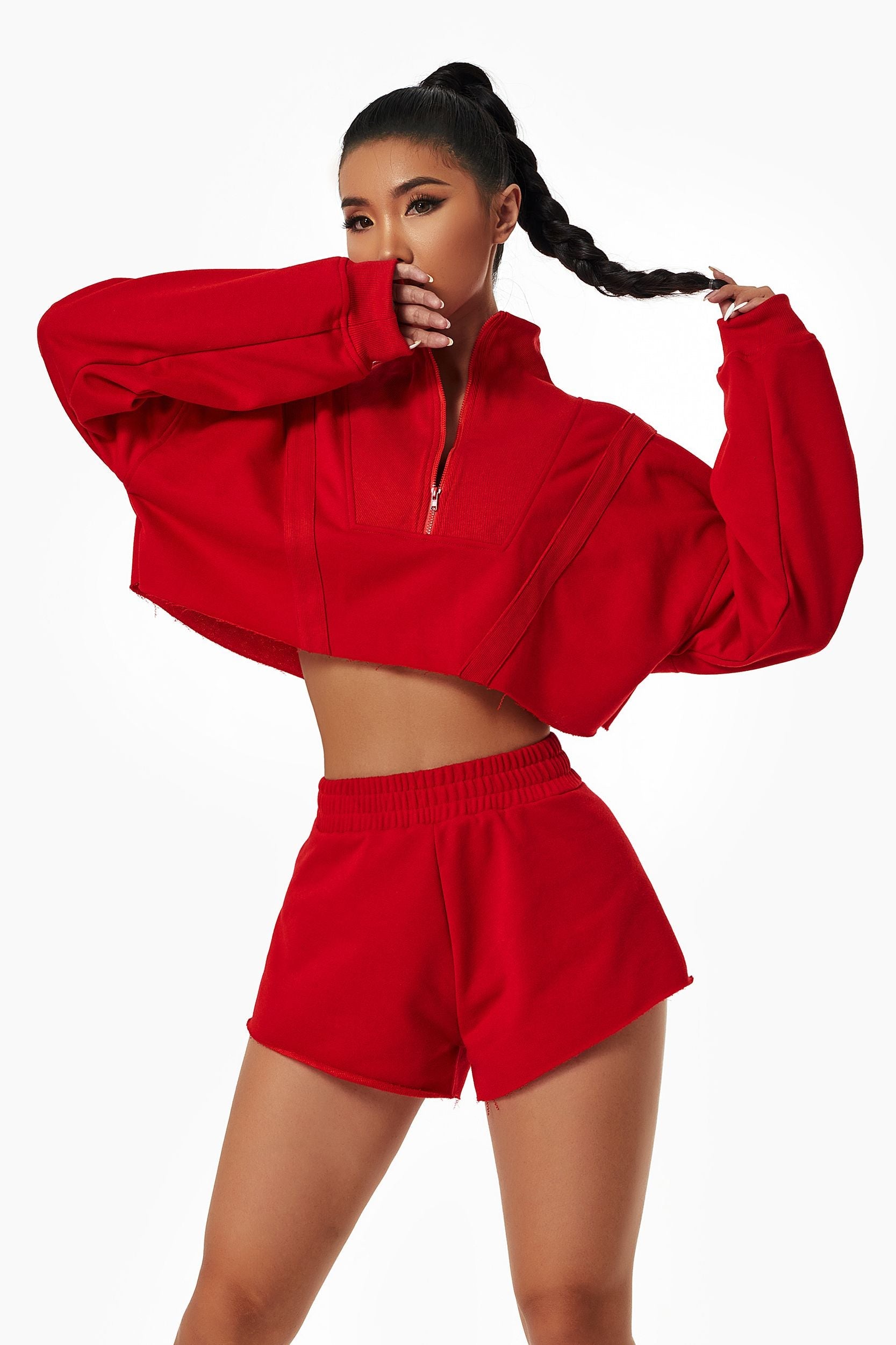 Cropped Sweatshirt & Mini Sweat Shorts Athleisure Set by bornfocus