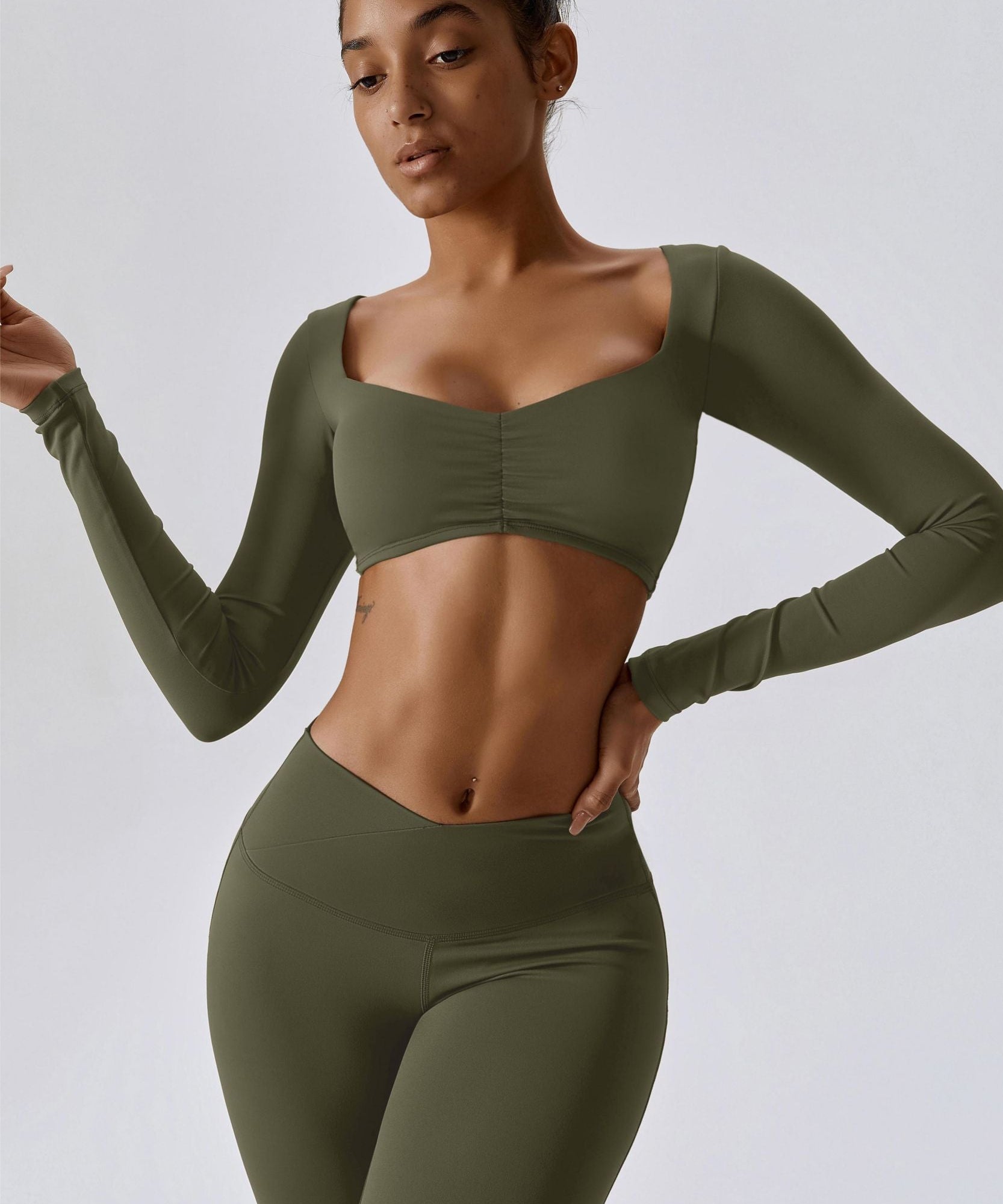 Diamond Neck Long Sleeve Crop Top by bornfocus