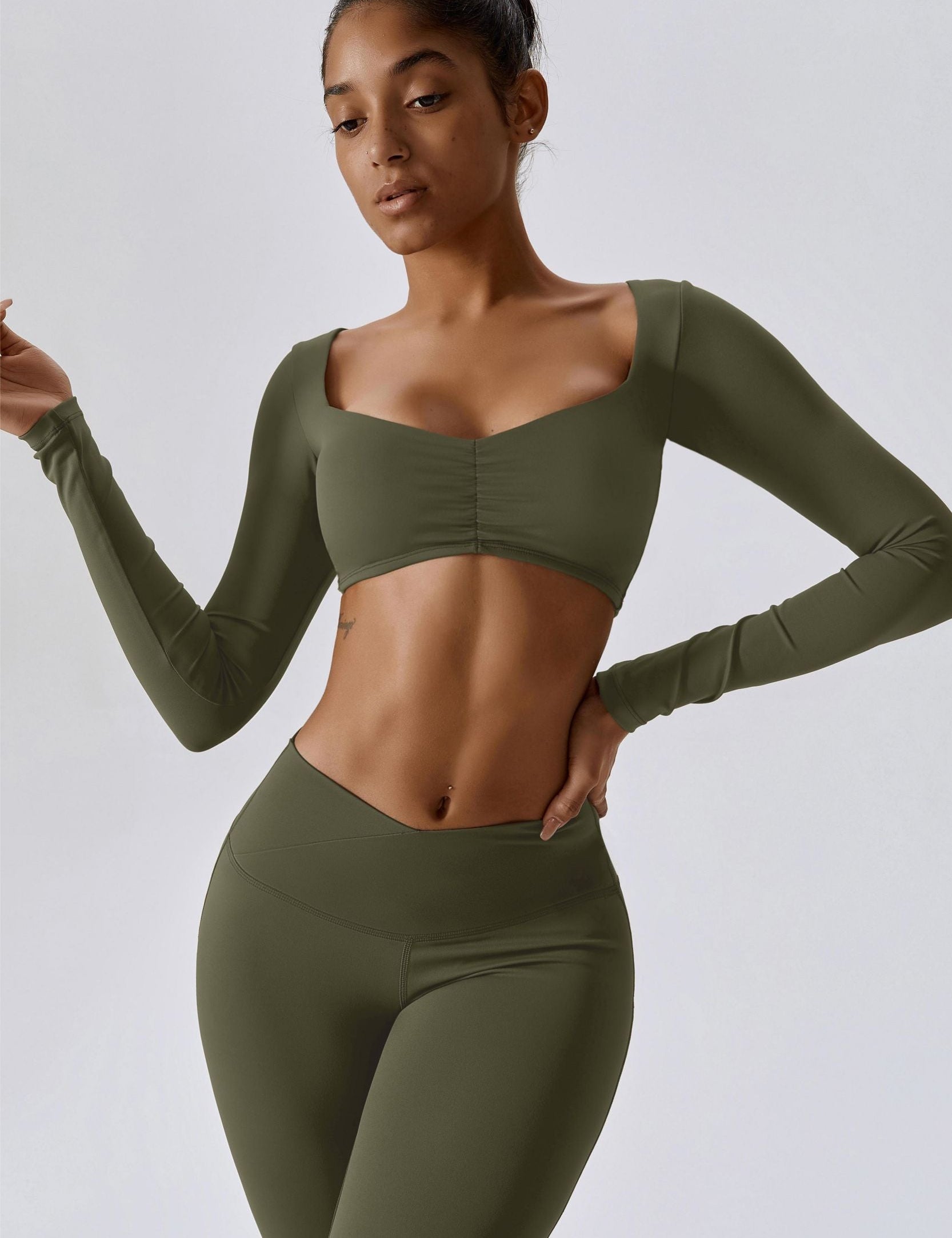 Diamond Neck Long Sleeve Crop Top by bornfocus