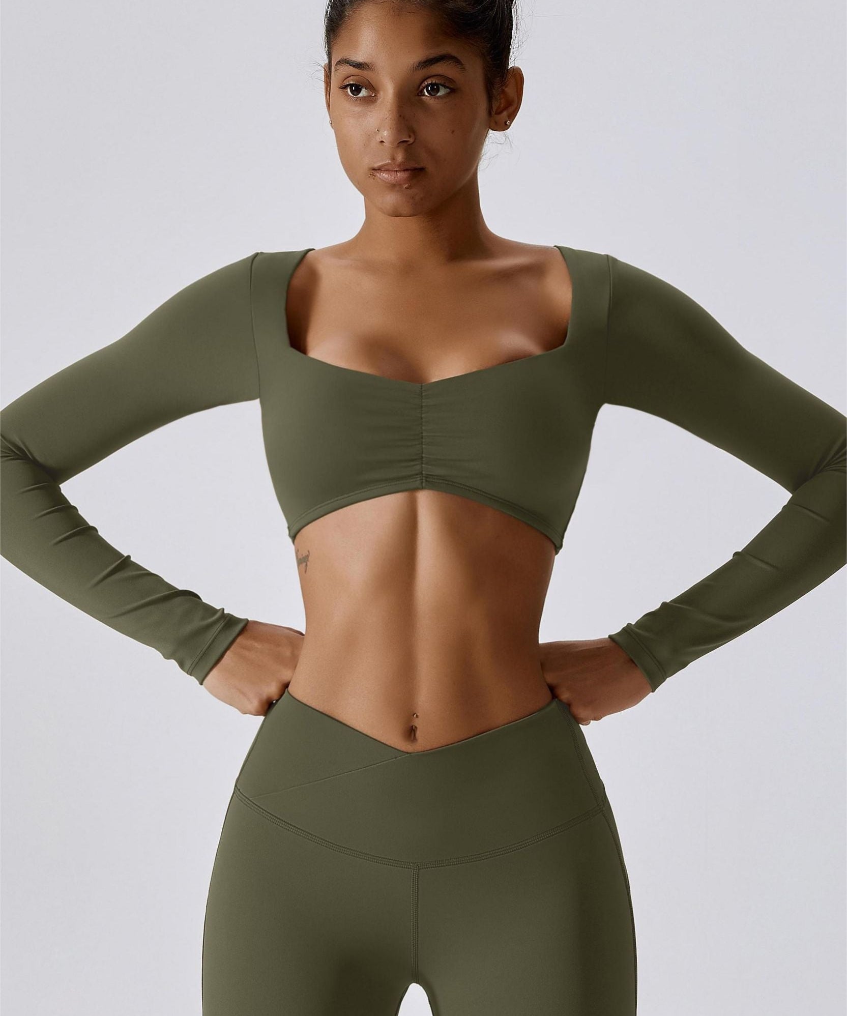 Diamond Neck Long Sleeve Crop Top by bornfocus