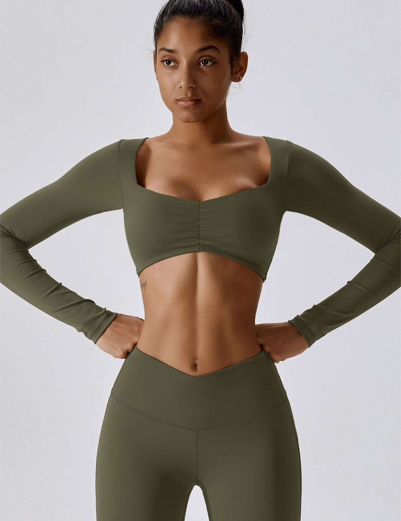 Diamond Neck Long Sleeve Crop Top by bornfocus