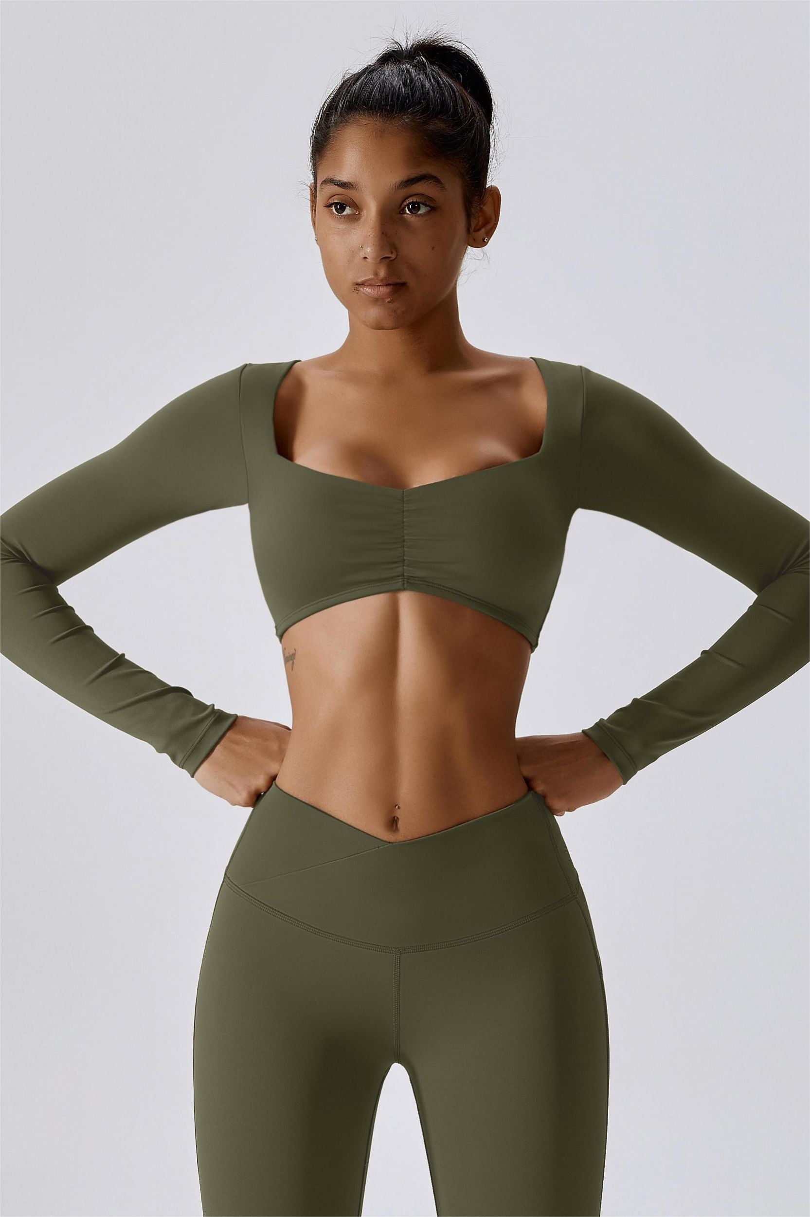 Diamond Neck Long Sleeve Crop Top by bornfocus