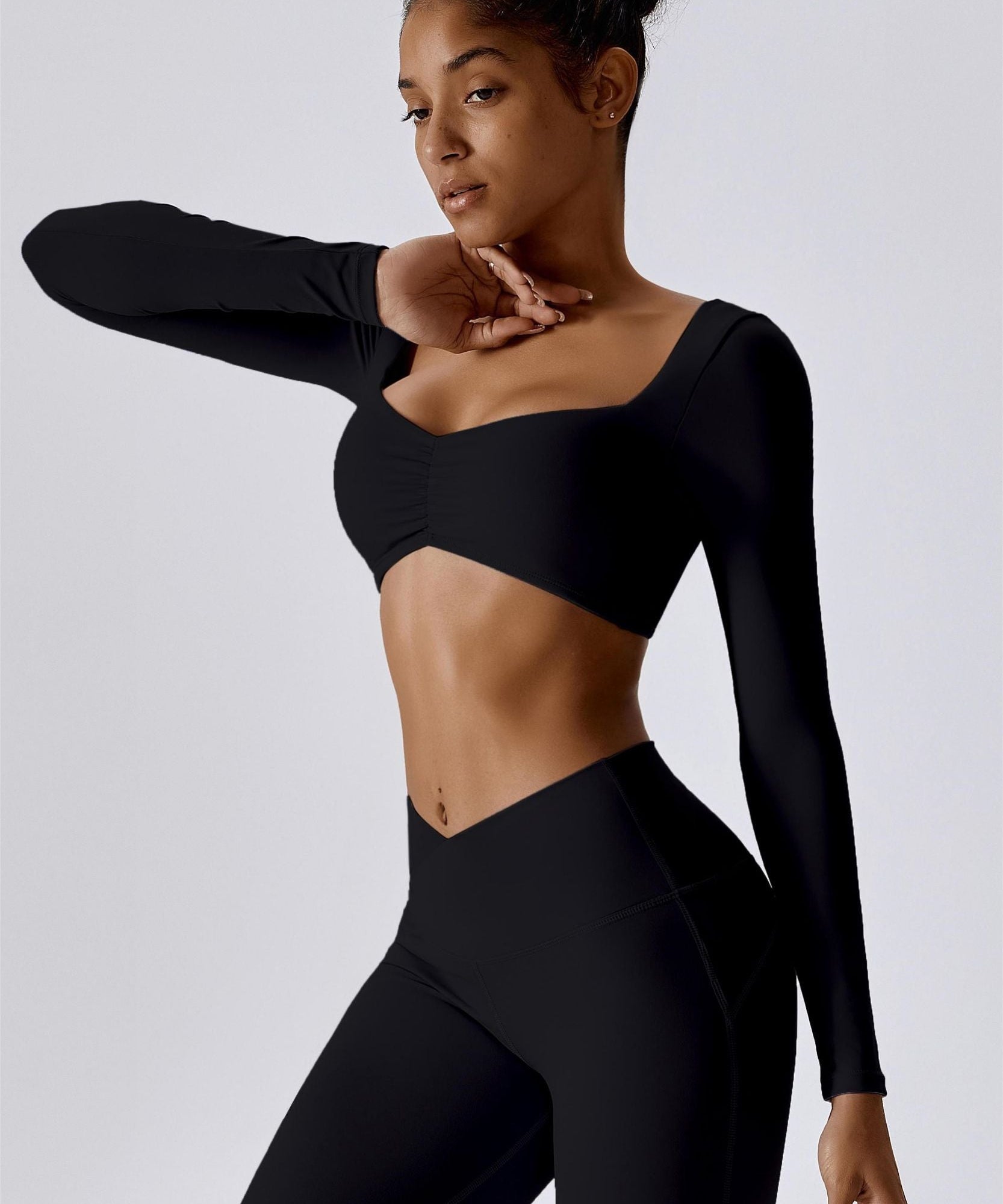 Diamond Neck Long Sleeve Crop Top by bornfocus