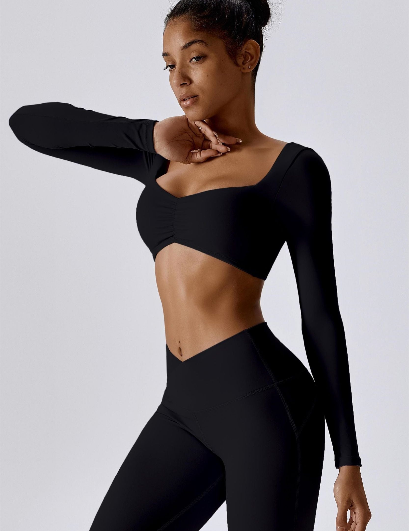 Diamond Neck Long Sleeve Crop Top by bornfocus