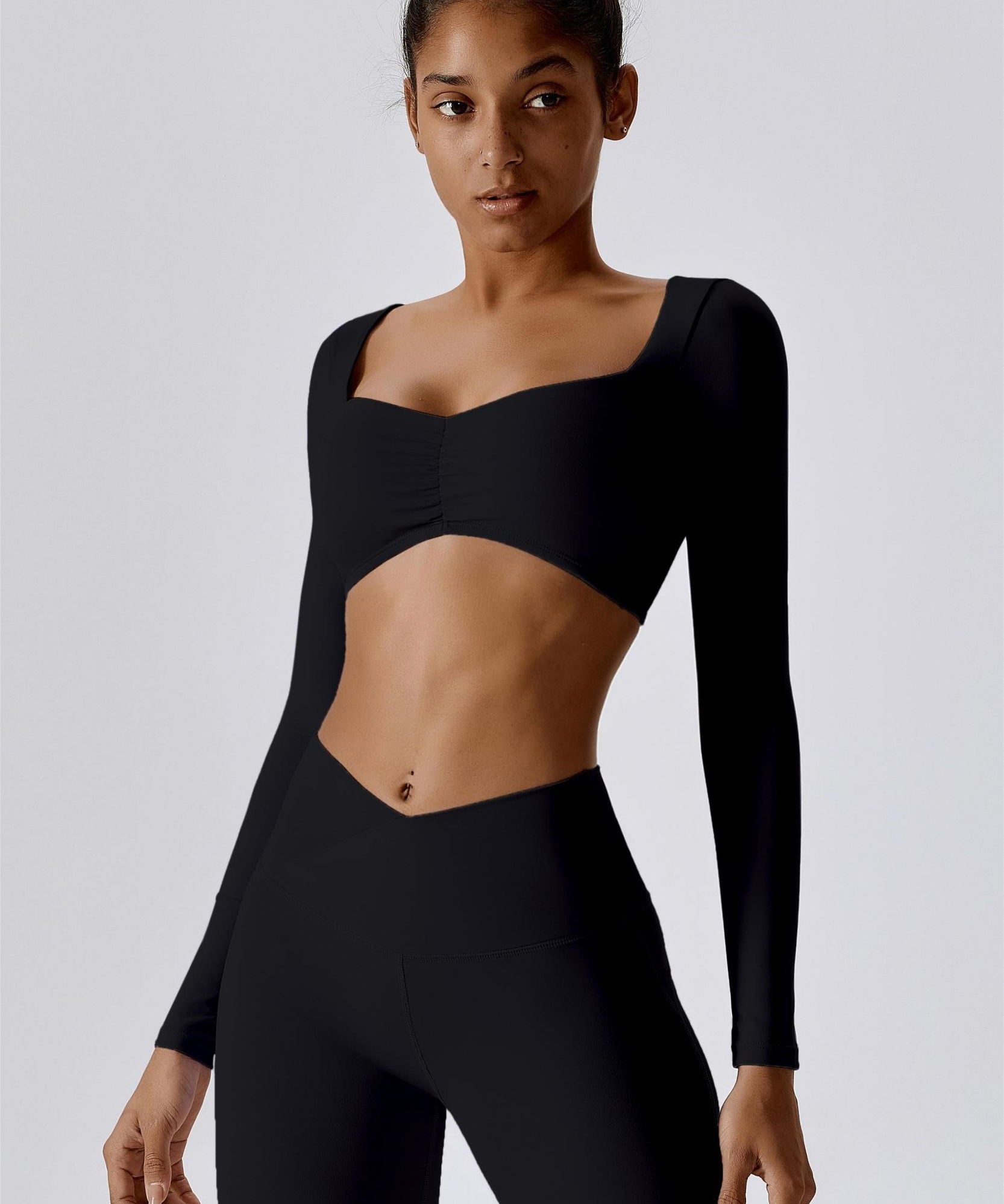 Diamond Neck Long Sleeve Crop Top by bornfocus