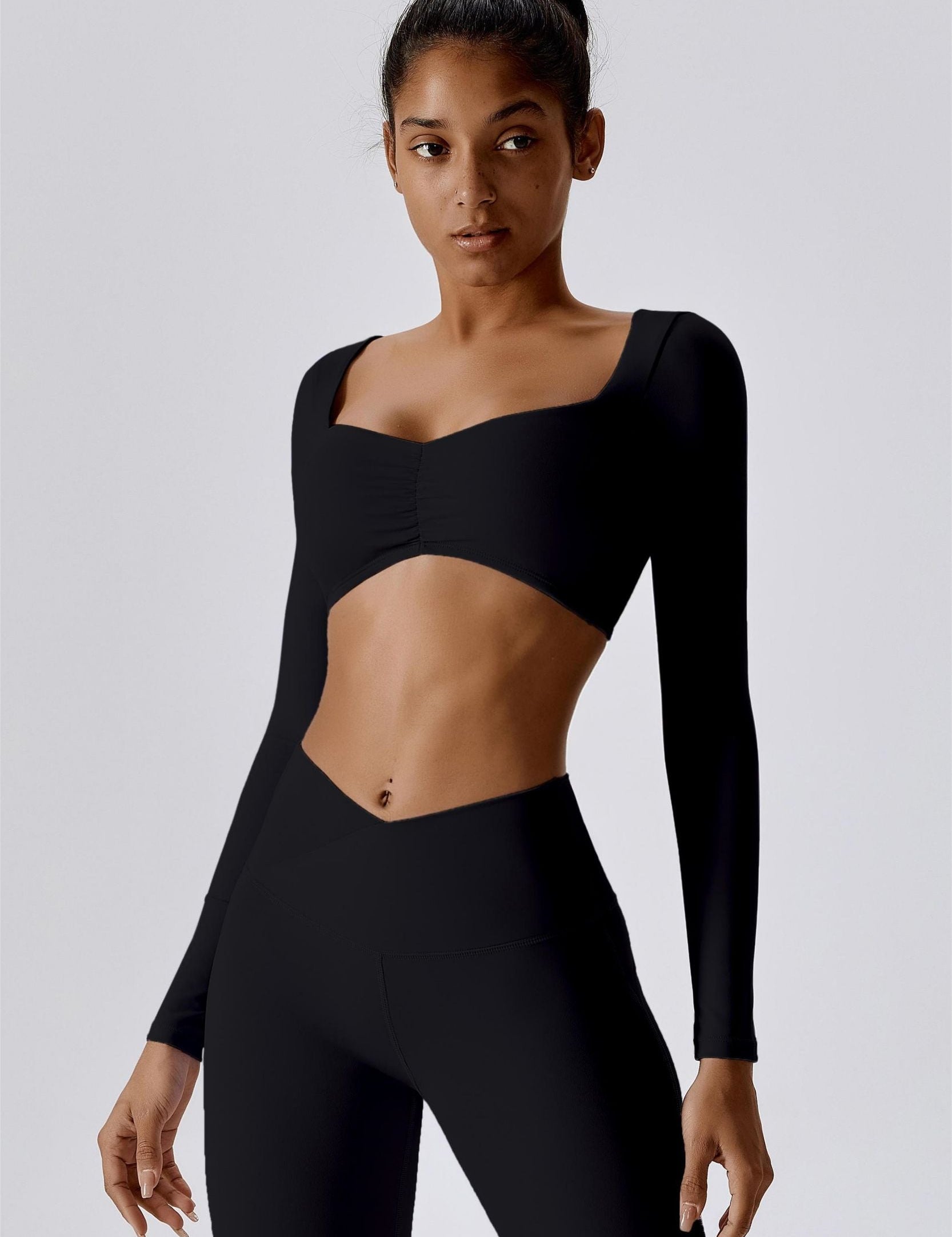 Diamond Neck Long Sleeve Crop Top by bornfocus