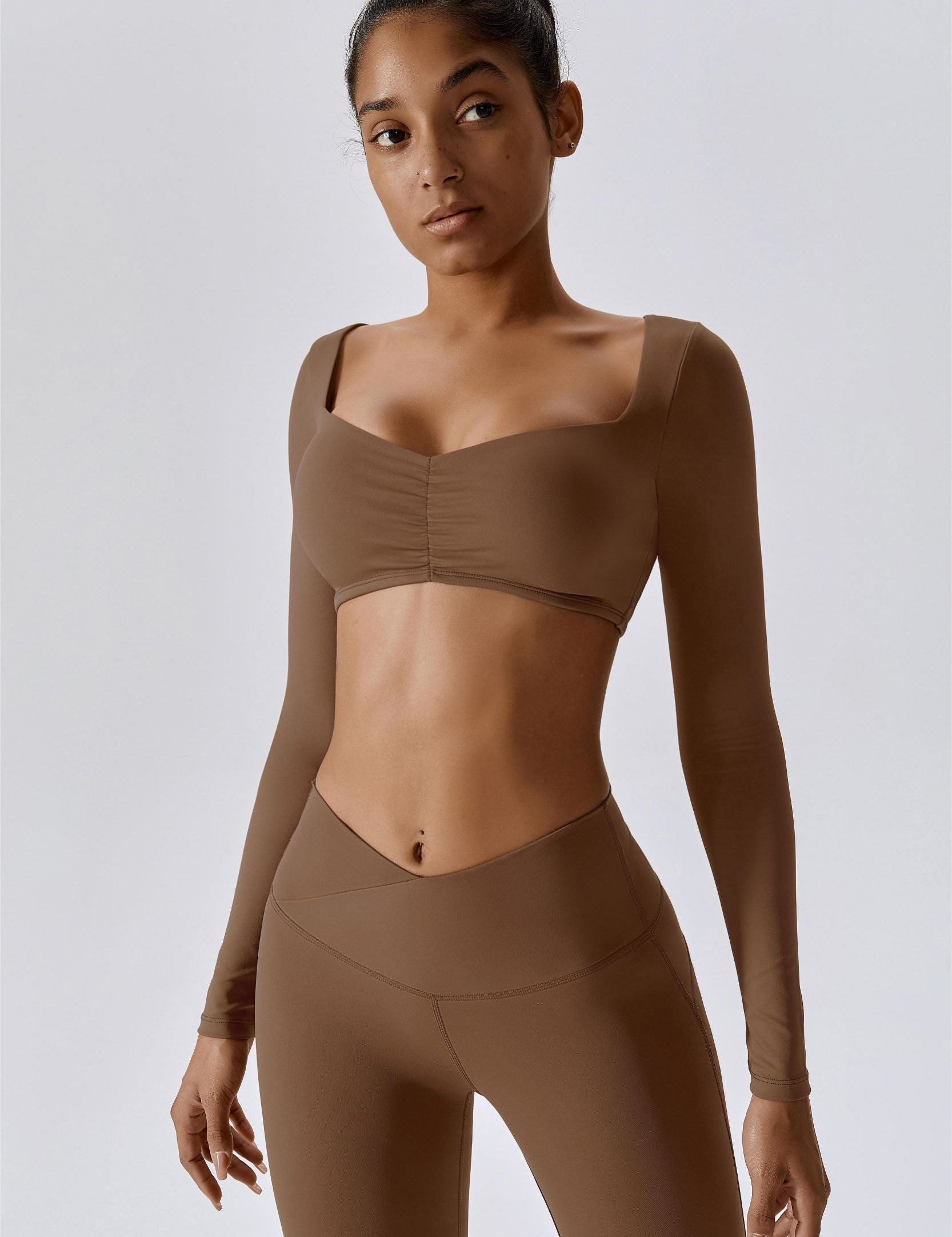 Diamond Neck Long Sleeve Crop Top by bornfocus