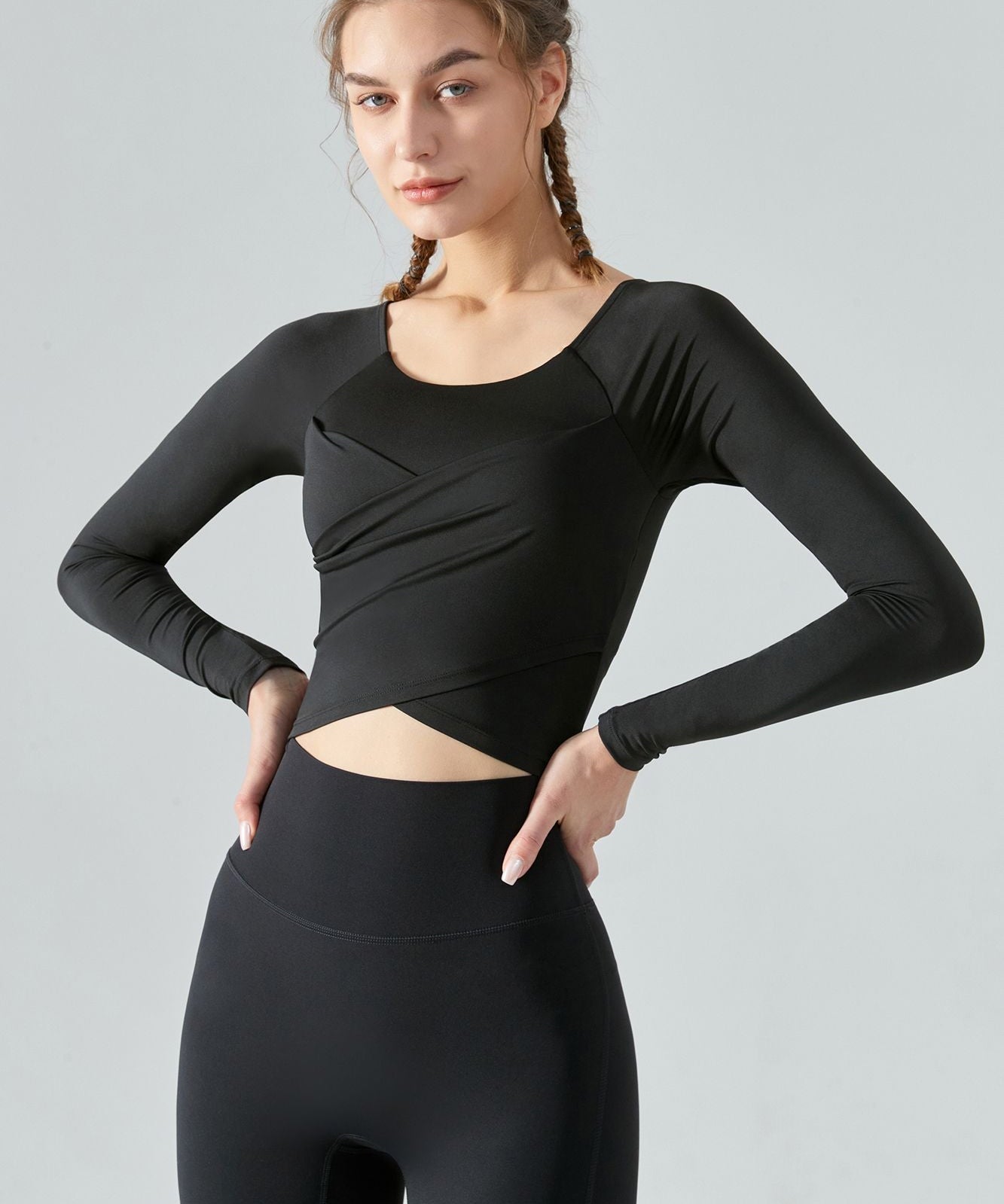 Long Sleeve Front Tie Wrap Detailing Yoga Top by bornfocus