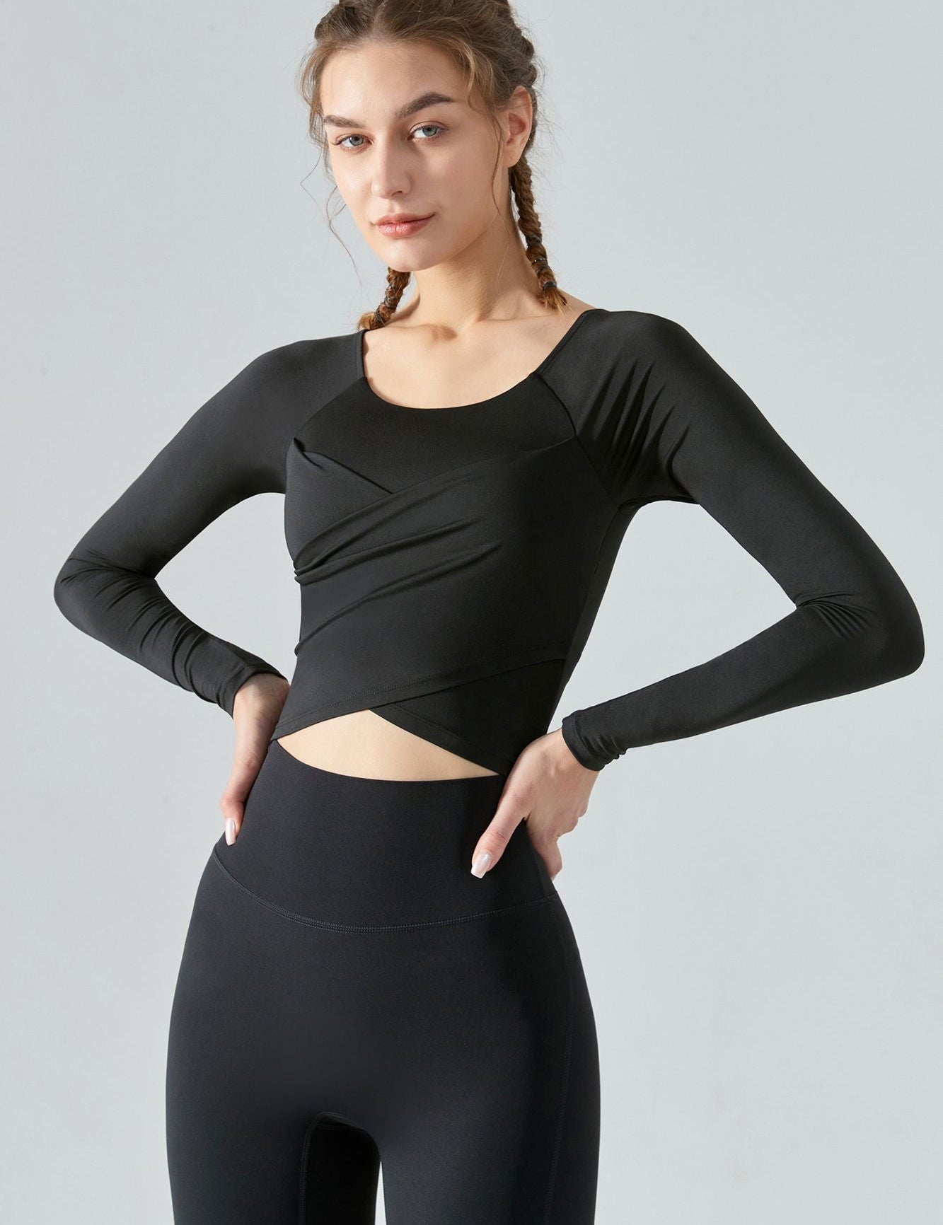 Long Sleeve Front Tie Wrap Detailing Yoga Top by bornfocus