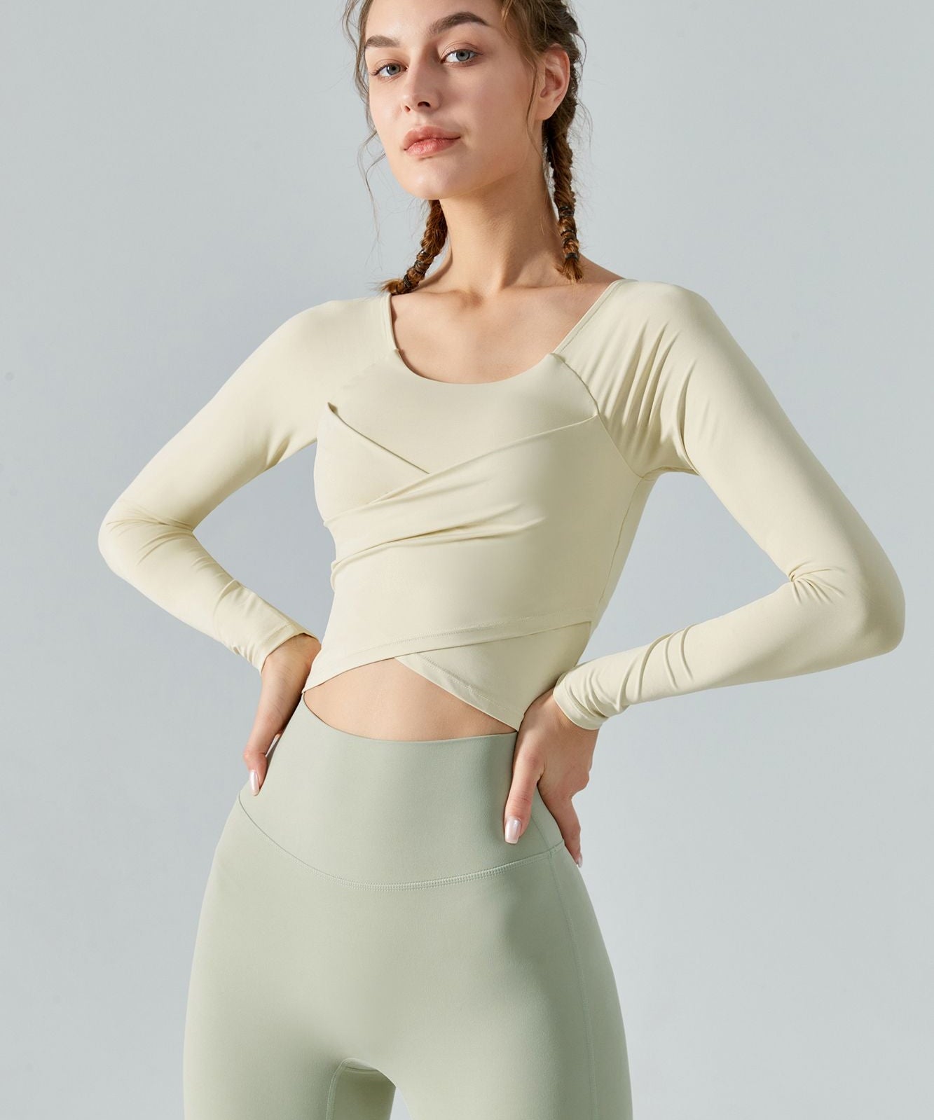 Long Sleeve Front Tie Wrap Detailing Yoga Top by bornfocus